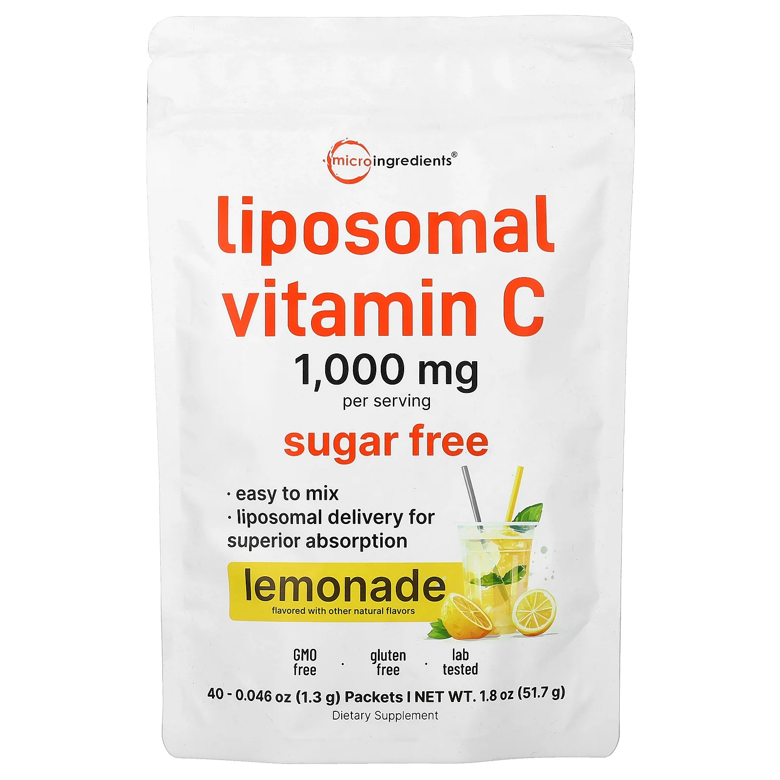 2 X Micro Ingredients, Liposomal Vitamin C, Lemonade, 40 Packets, 0.046 oz (1.3