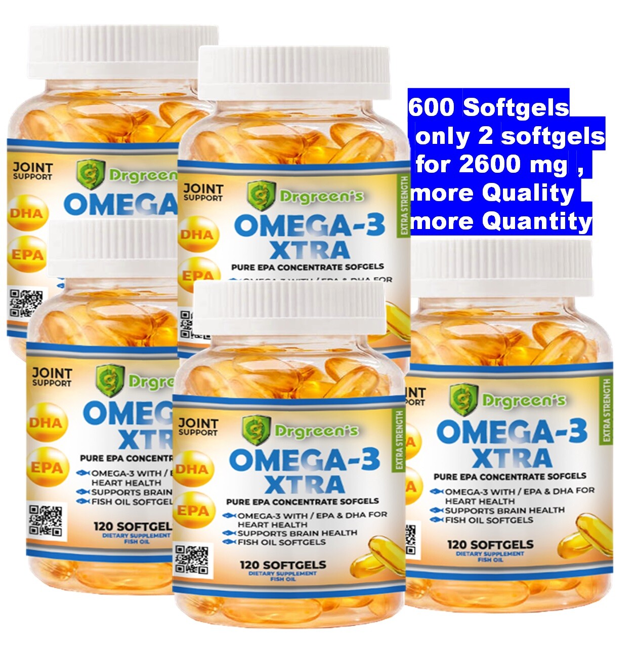 5 Ultra Pure Omega 3 Fish Oil 2600mg Small, Potent,Joint support Relief XL 600