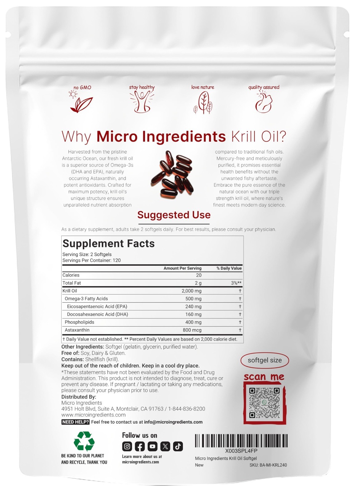 Micro Ingredients Antarctic Krill Oil Supplement, 2,000mg Serving, 240 Softgels