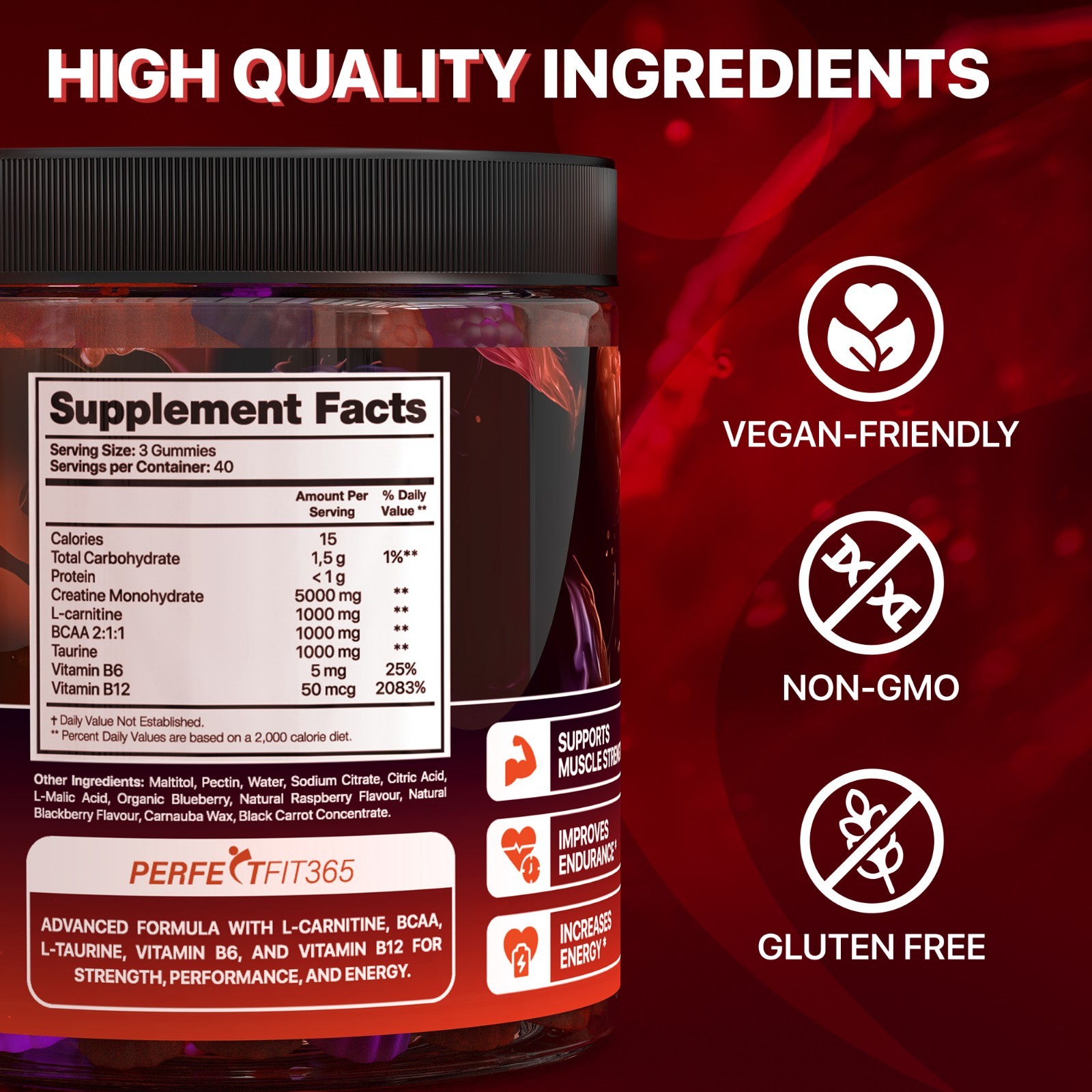 Perfect Fit 365 Creatine Monohydrate Gummies 8000mg Berry Mix 120ct BB2/27