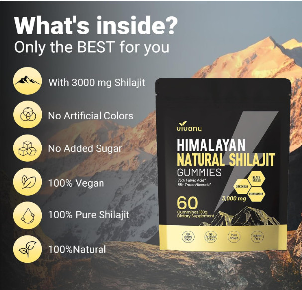 Himalayan Shilajit Gummies with Ashwagandha & Gokshura 3000mg 85+ Trace Minerals