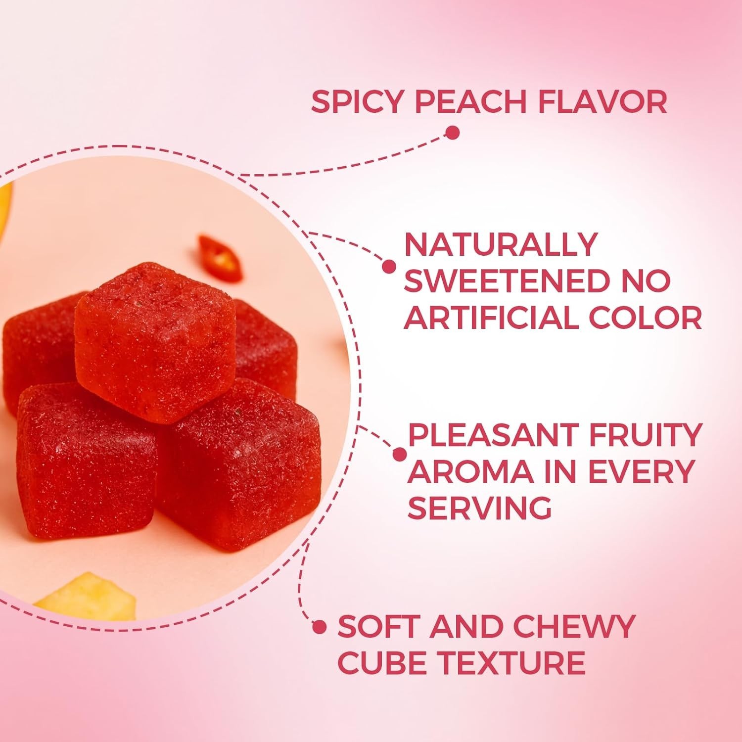1/2/3 Pcs Spicy Cubes Hot Peach Gummies with Chili, Maca Root Vegan 30 Count