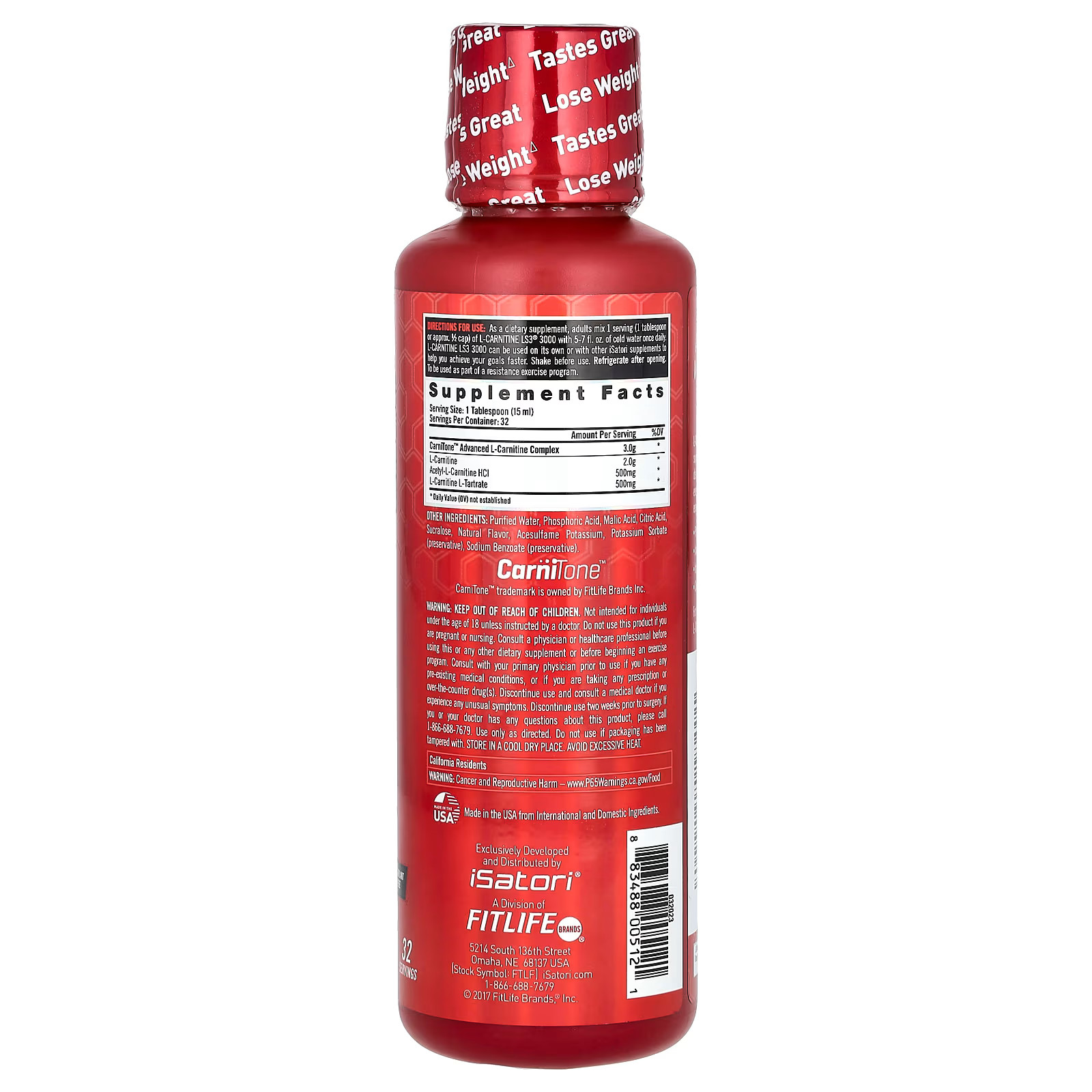 2 X Isatori, L-Carnitine LS3 3000, Gummy Bear, 3,000 mg, 16 fl oz (480 ml)