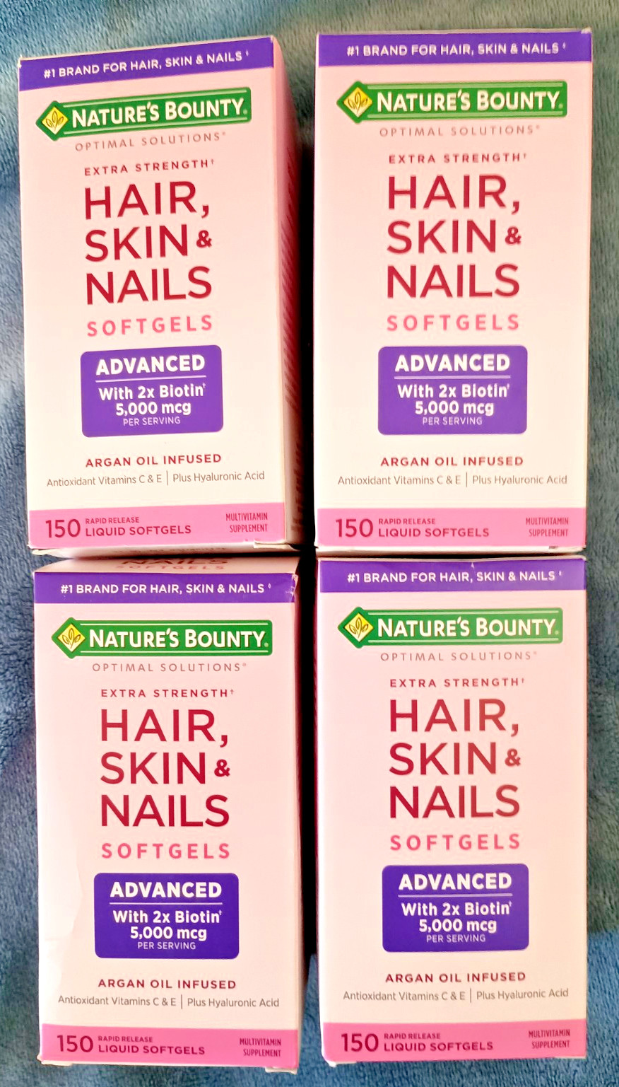 (4) Nature’s Bounty Optimal Solutions Hair Skin Nails Xtra Strength Biotin 150ea