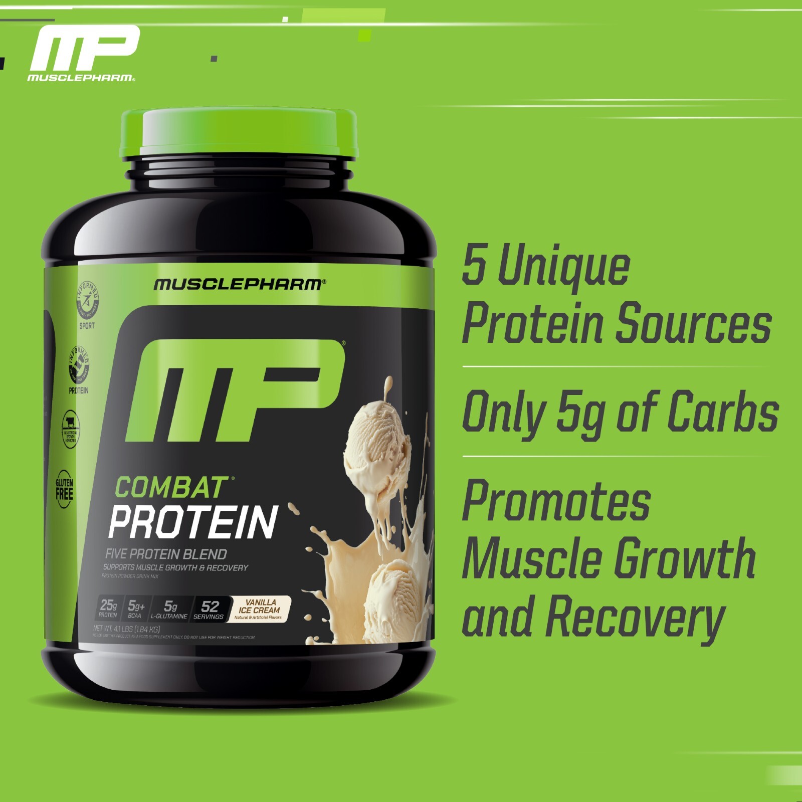 MusclePharm Combat Protein Powder – 4 lb, 52 Servings, Vanilla