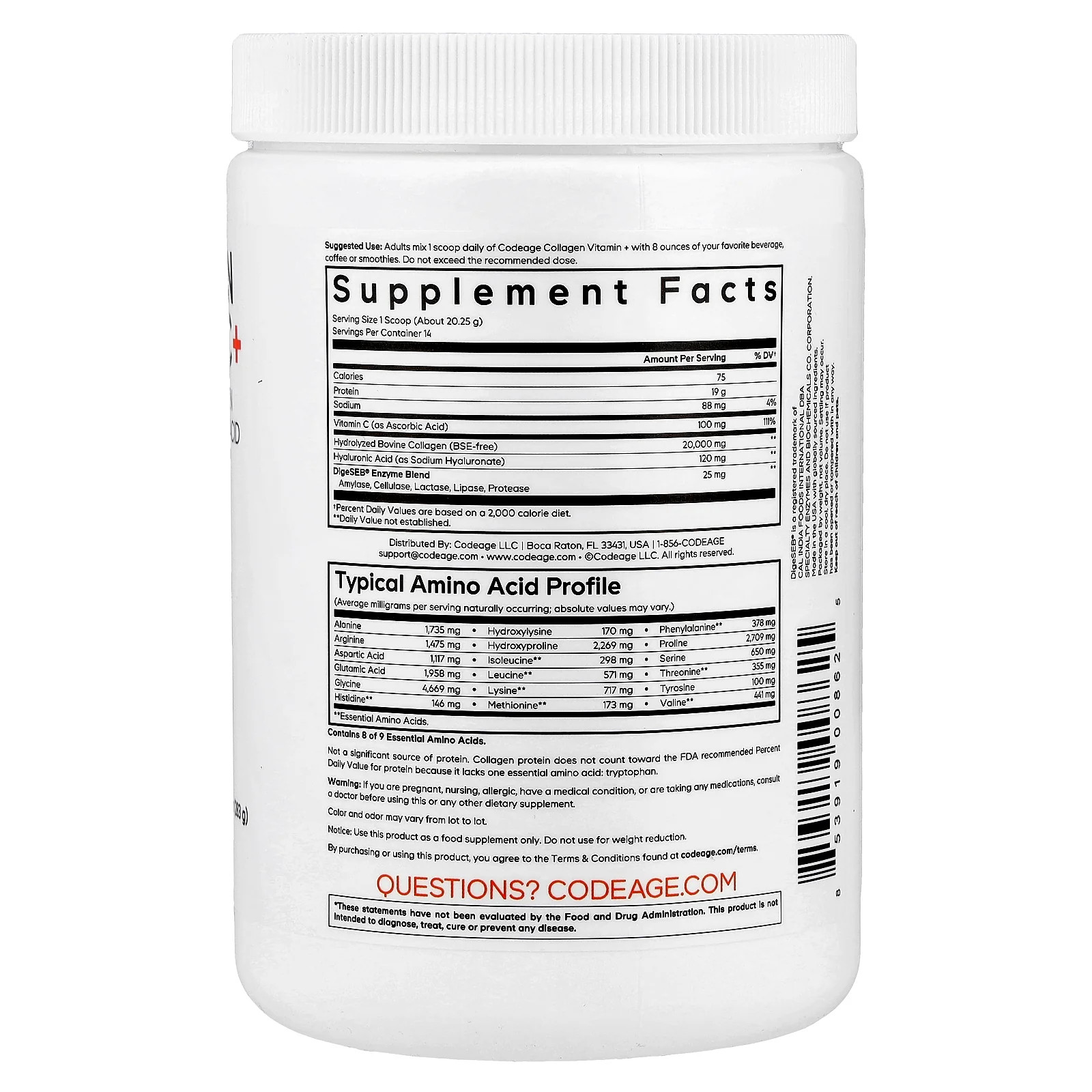 2 X Codeage, Collagen Vitamin C+ Powder, Unflavored, 9.98 oz (283 g)