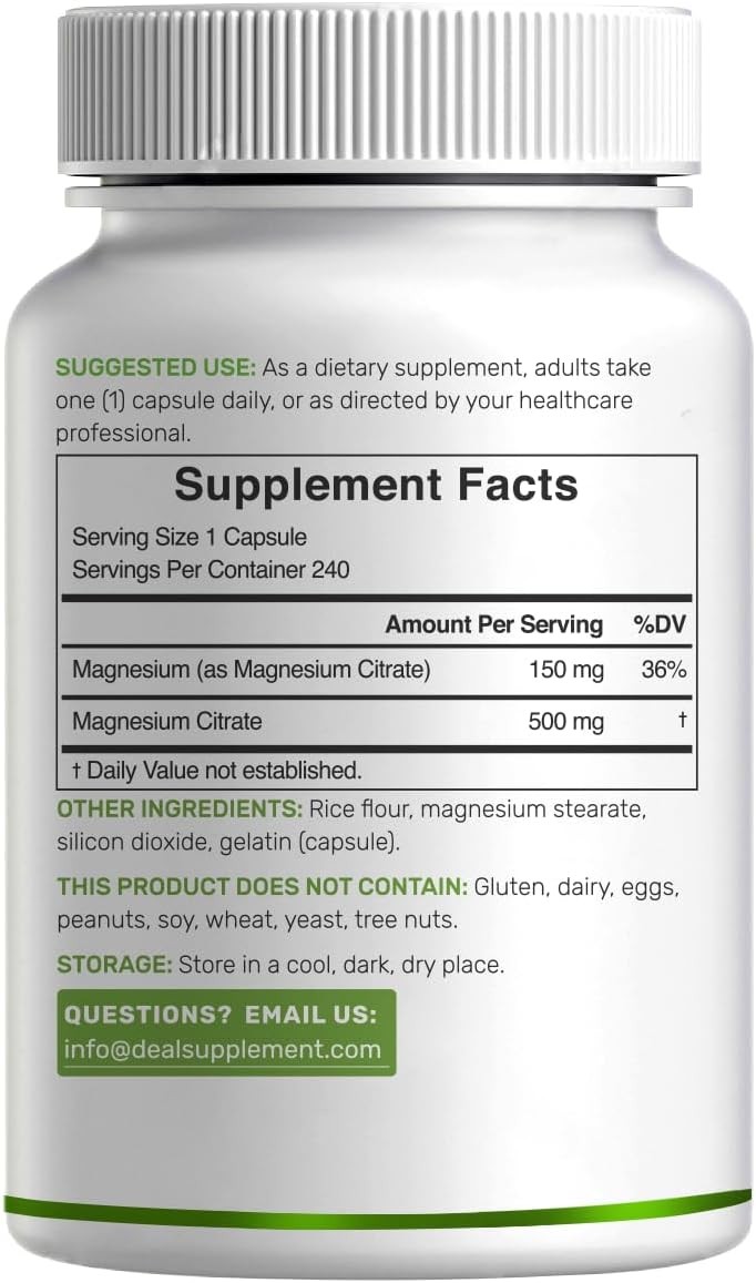 DEAL SUPPLEMENT Magnesium Citrate 500mg, 240 Capsules | 240 Count (Pack of 1)