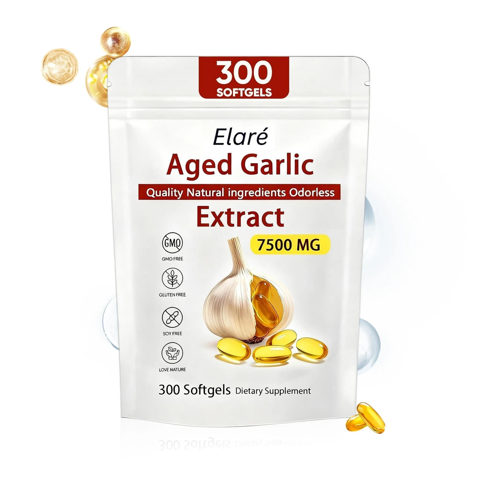 1-3Pack Elare Aged Garlic Extract, 300 Softgels, 7500mg Odorless Heart & Immune