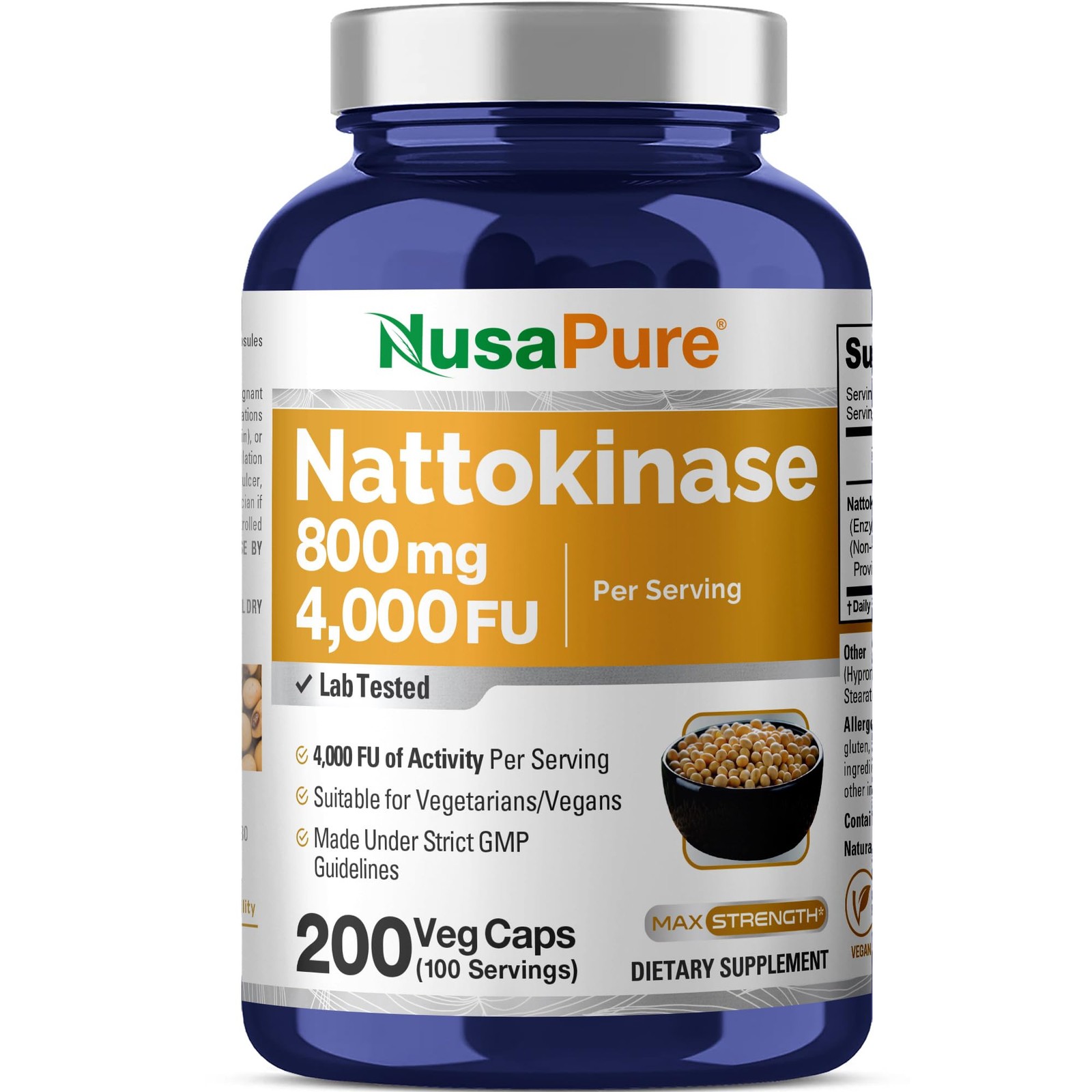 Nattokinase 4000 FU 800mg, 200 Veggie Capsules 200 Count (Pack of 1)