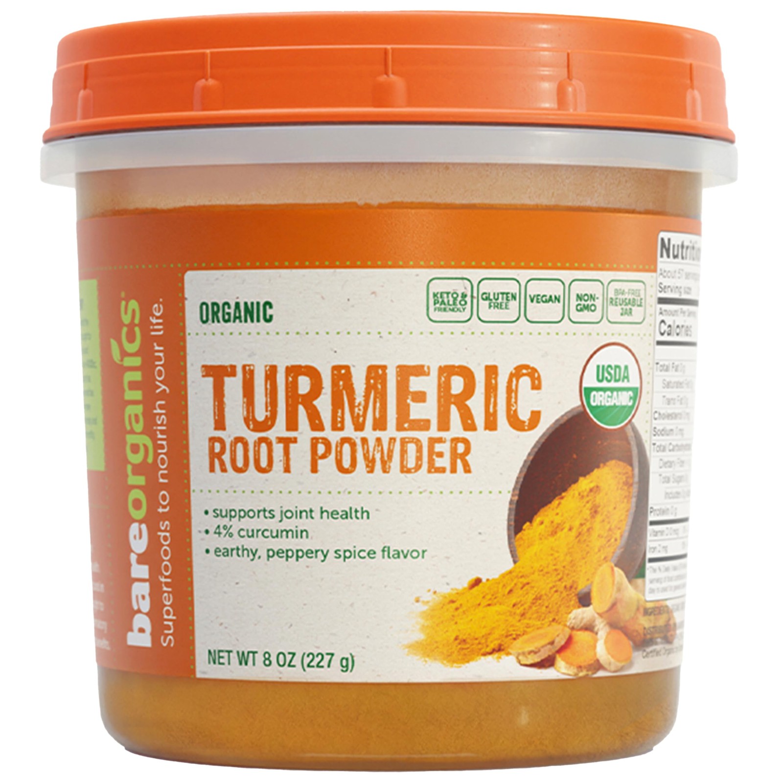 BareOrganics Turmeric Root Powder Superfood, 8 Ounce (Pack of 1), No Color