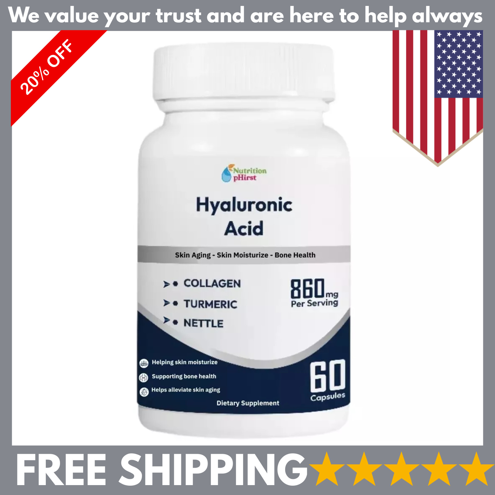 Hyaluronic Acid Supplement Collagen Turmeric 60 Capsules 850mg Free ship USA.