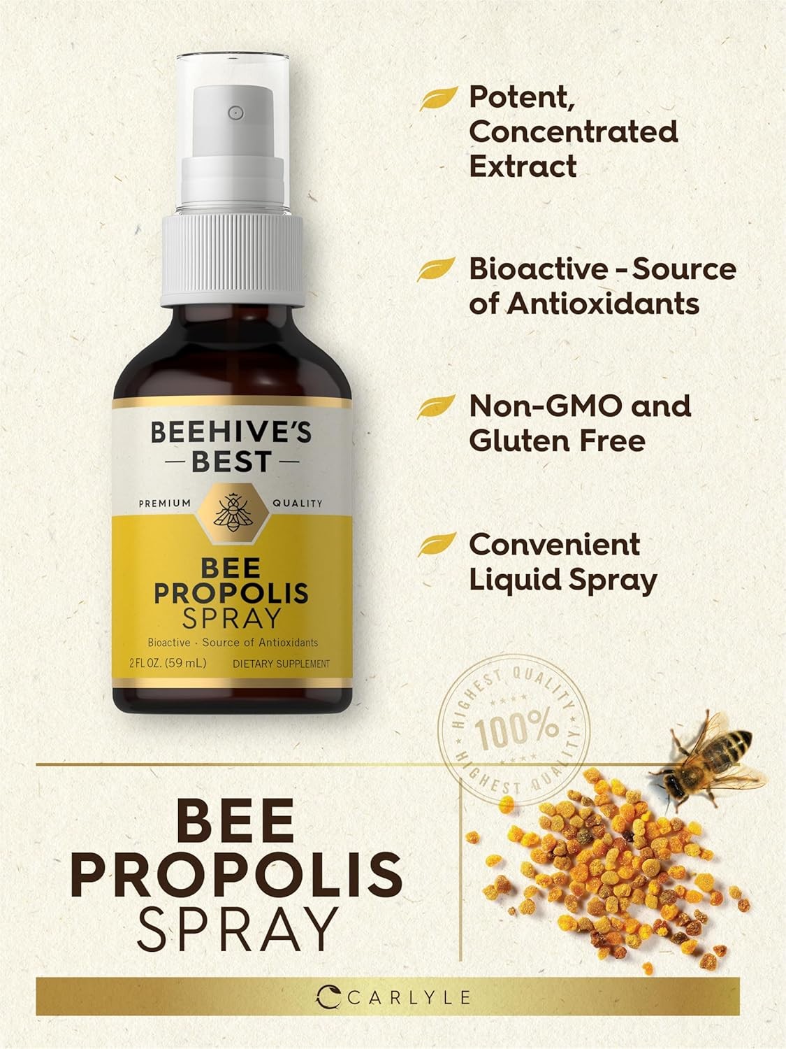 Bee Propolis Spray | 2 fl oz | Daily Throat Spray | Beehive’s Best by Carlyle