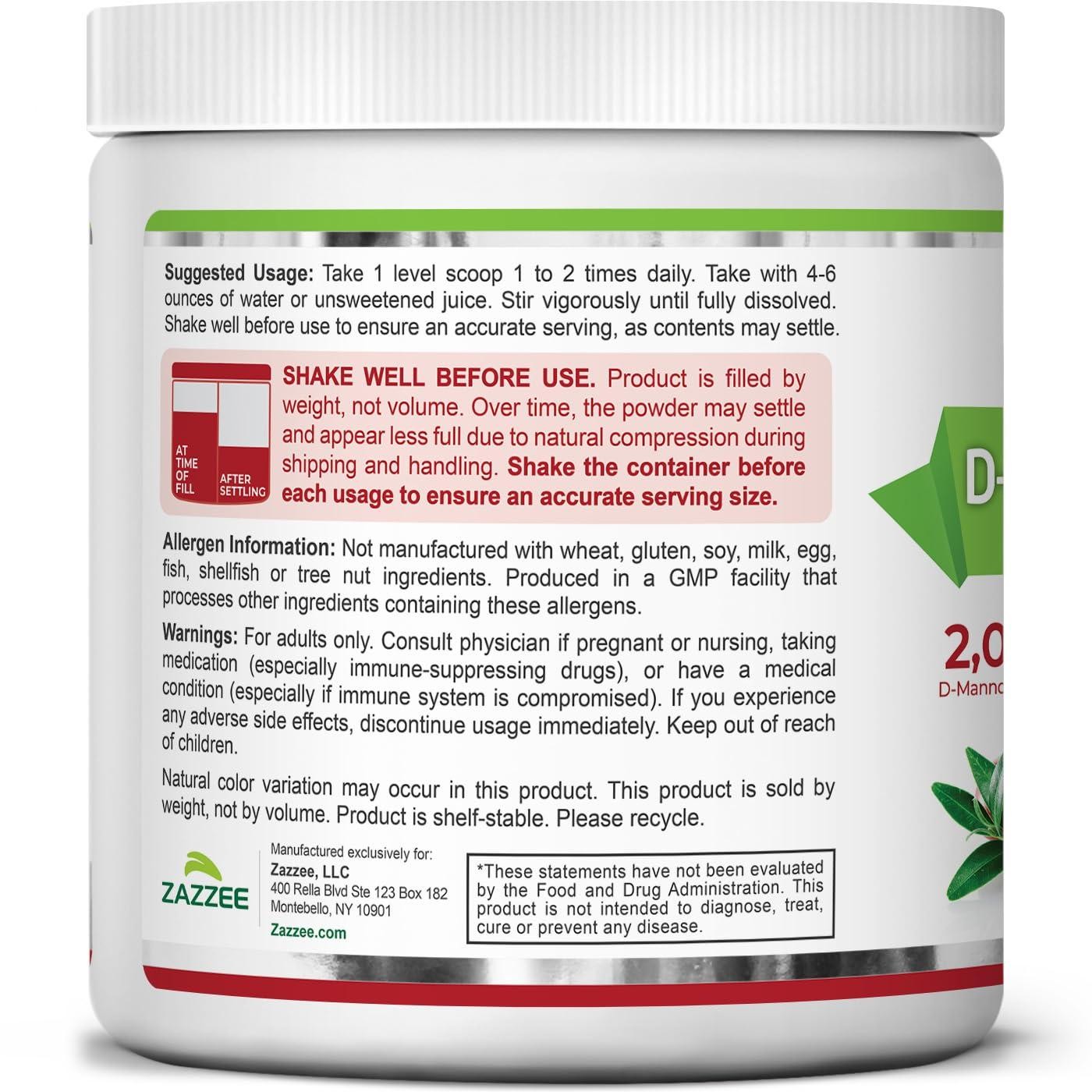 Zazzee D-Mannose Powder Plus, 2000 mg, 30 Servings, Potent & Fast-Acting