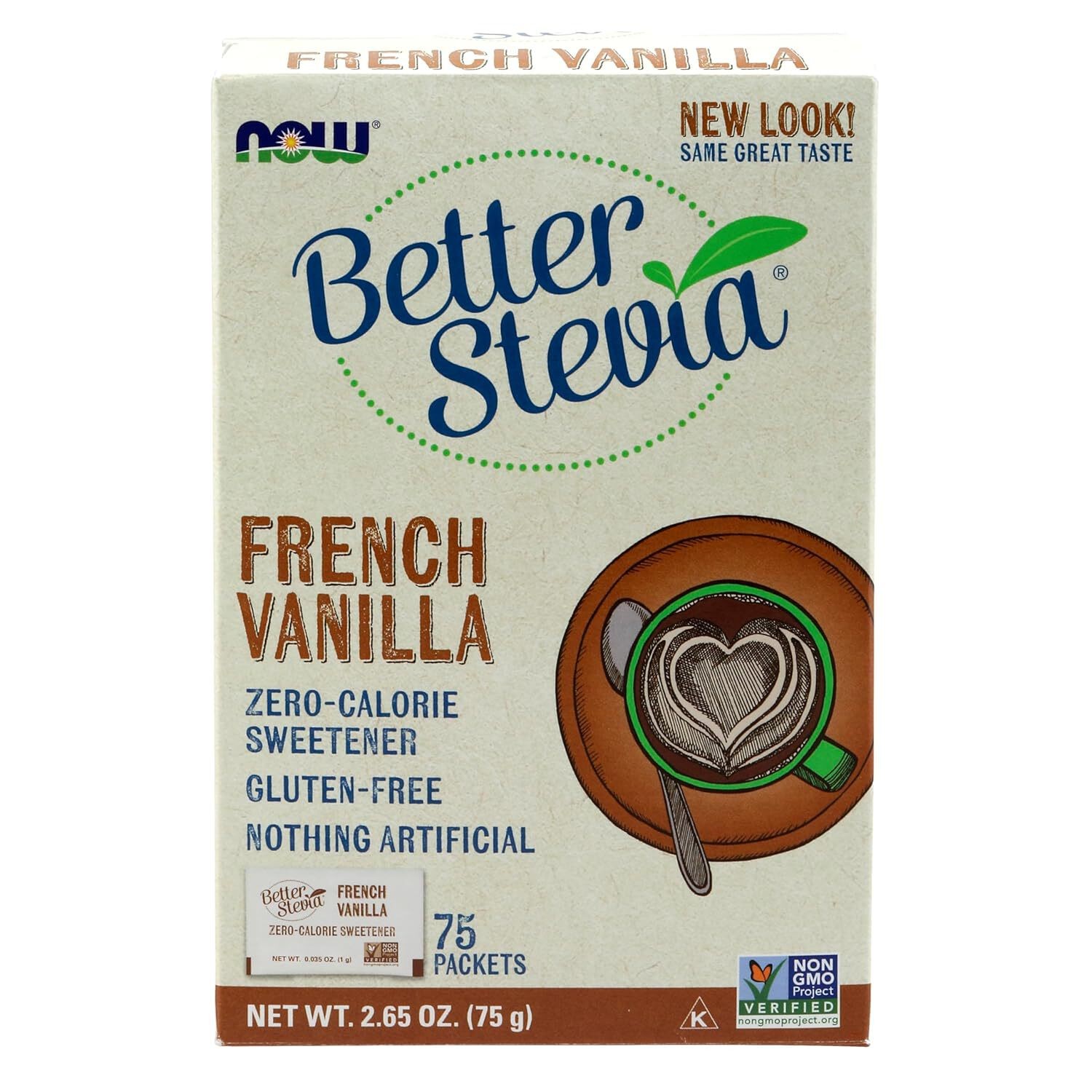 NOW, BetterStevia French Vanilla Granulated Packets Zero-Calories, 75 Count