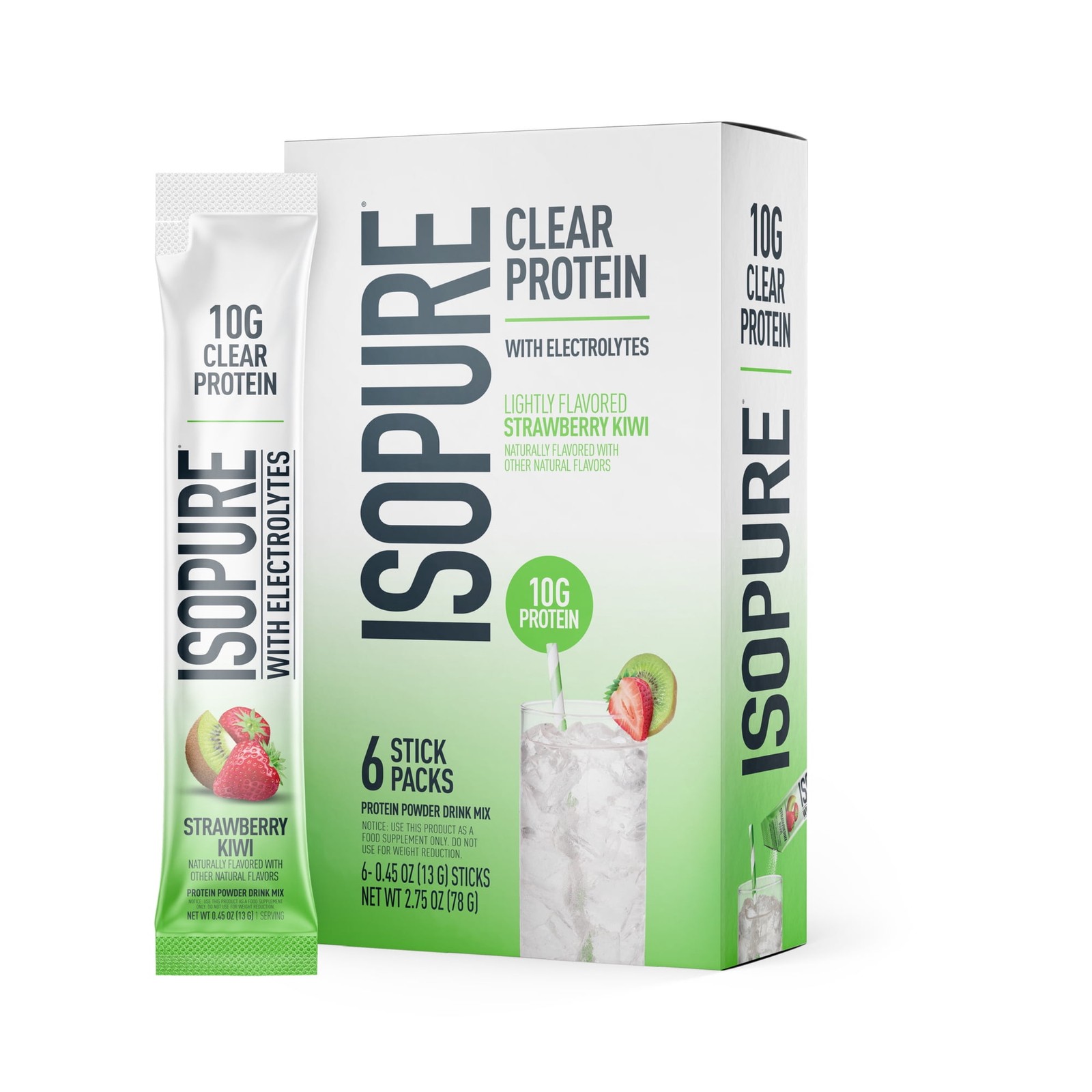 Isopure Clear Protein Powder Electrolytes, Strawberry Kiwi Stick Pack, 6 Count