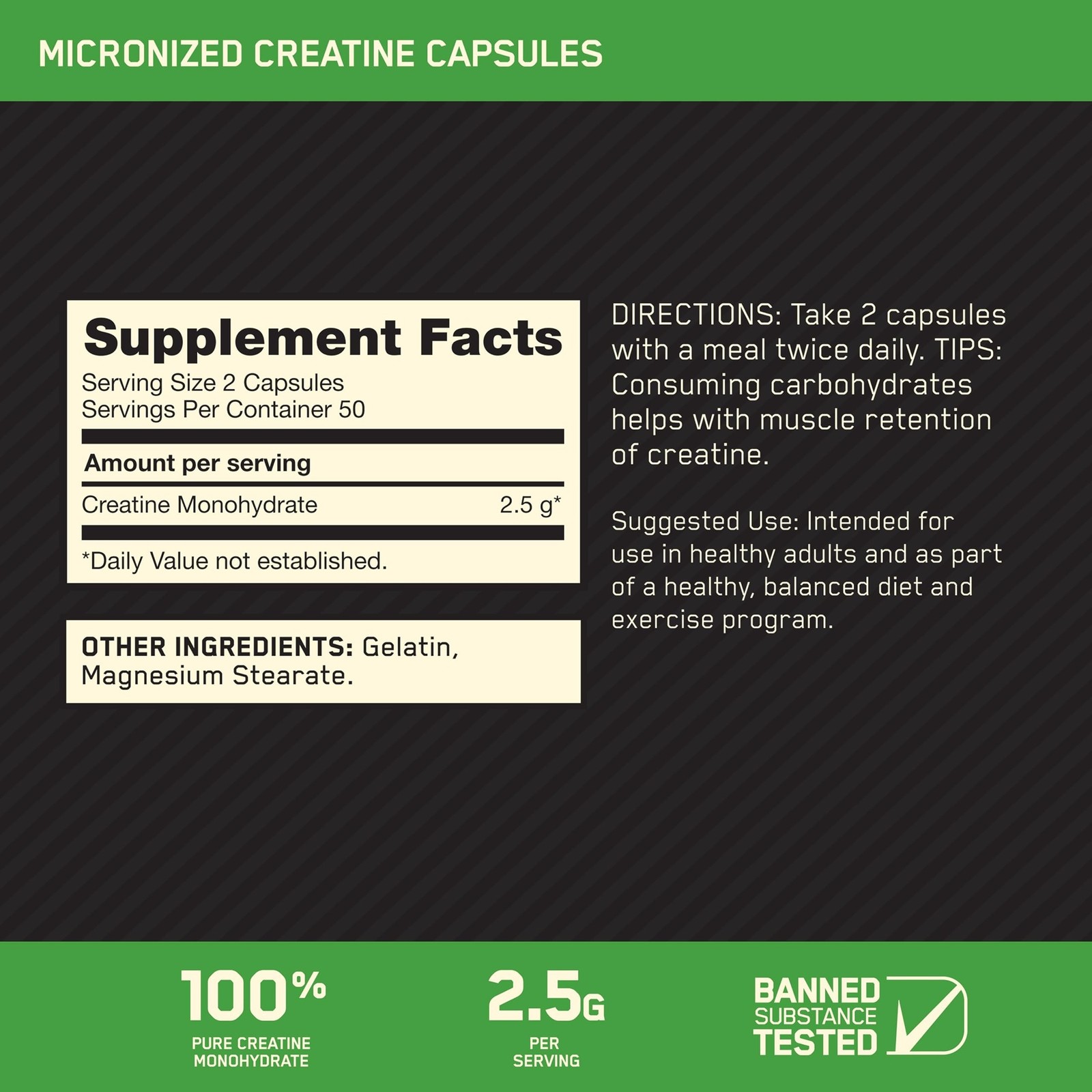 Optimum Nutrition Creatine 2500, 2.5g Monohydrate Muscle Strength, 100 Capsules