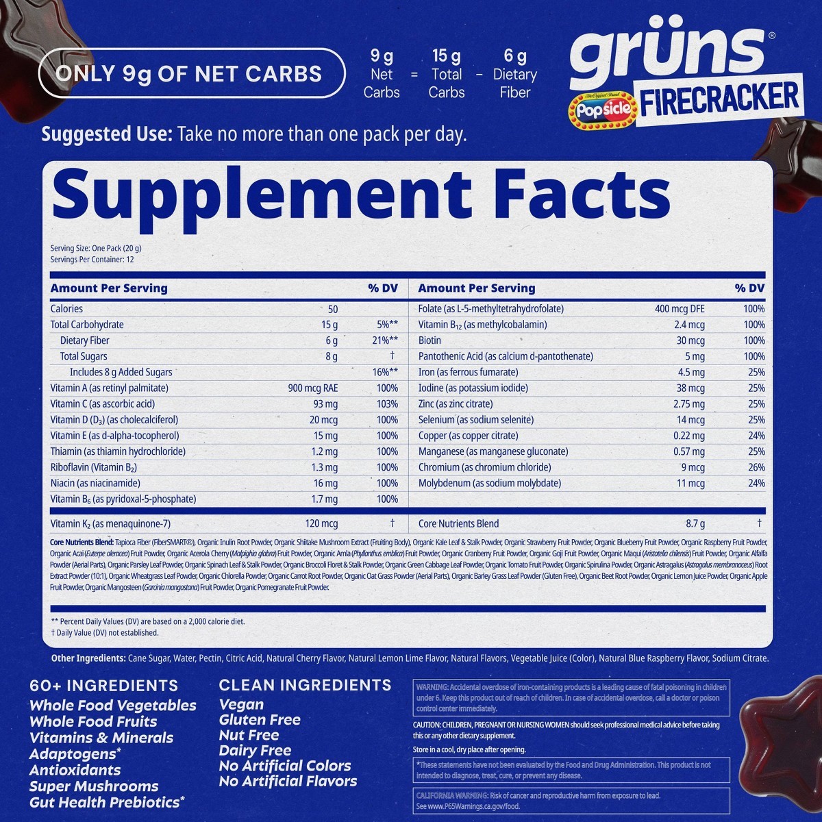 Grüns Limited Time Flavor Firecracker Low Sugar Adult Greens – 240g/12 Servings