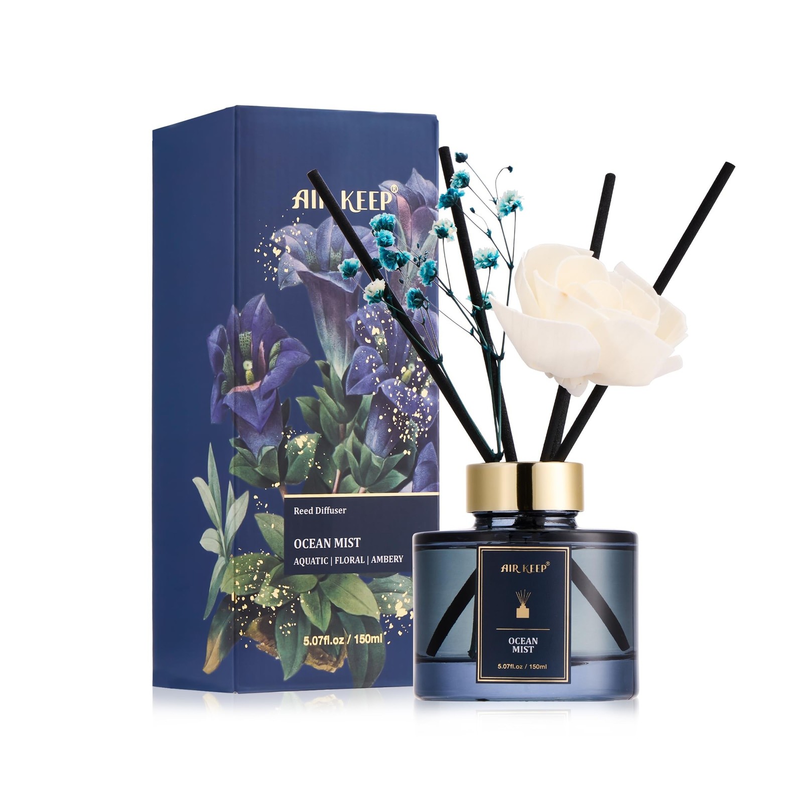 Airkeep Flower Reed Diffusers Set, 5.07 oz Ocean Mist Scented Oil Diffuser wi…