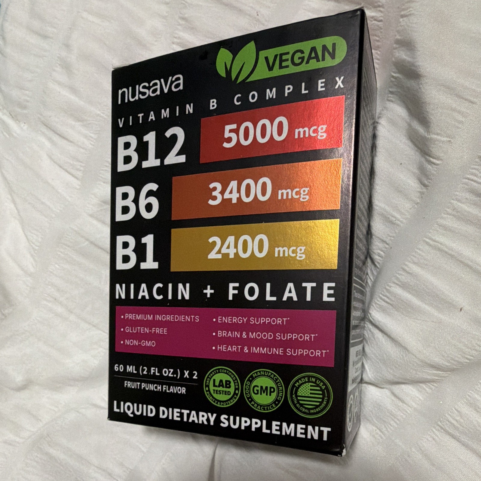 Nusava Vitamin B Complex Liquid Drops Vegan Fruit Punch 2 x 60 mL