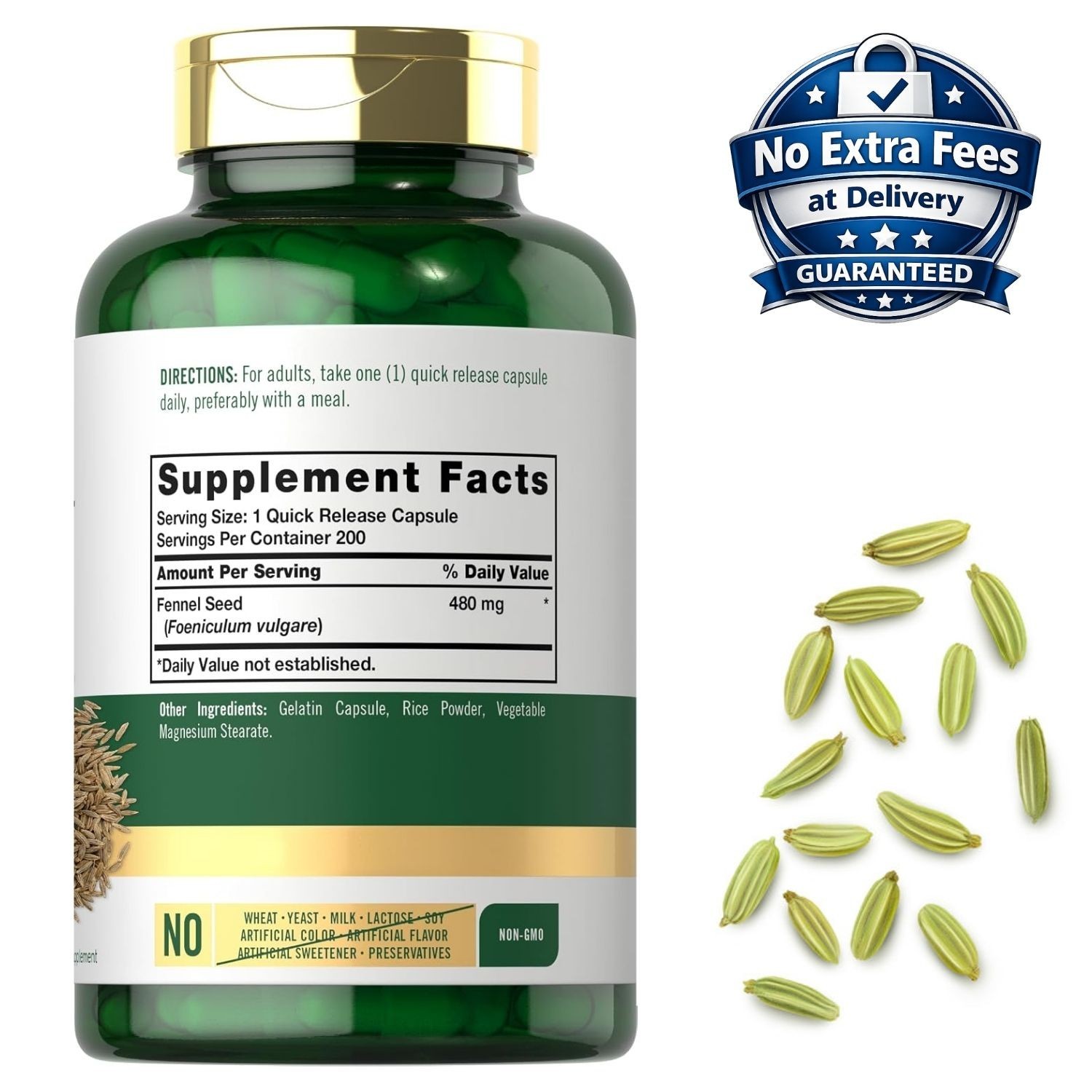 Fennel Seed 480mg 200 Capsules Foeniculum vulgare 200 Servings