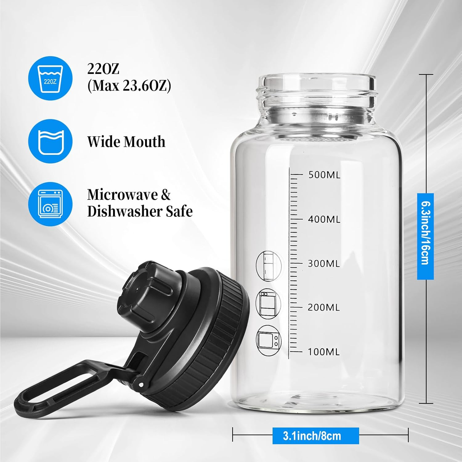 Glass Shaker Bottle,22oz BPA-Free Odorless Shaker Bottle with 304 Stainless Stee
