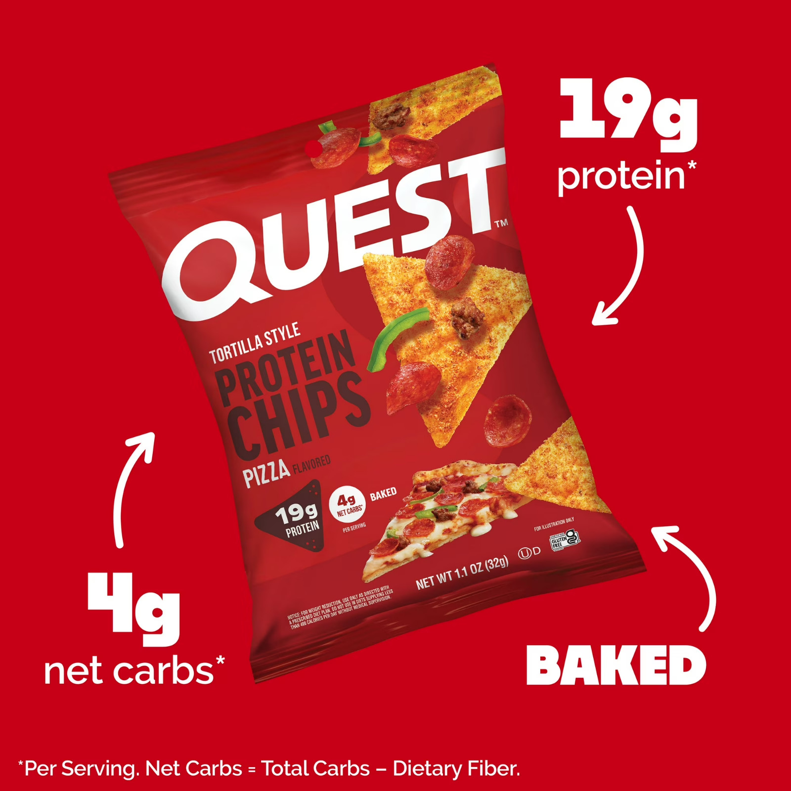 Quest Tortilla Style Protein Chips 19g Protein Pizza Flavor 1.1oz Bags 4 ct