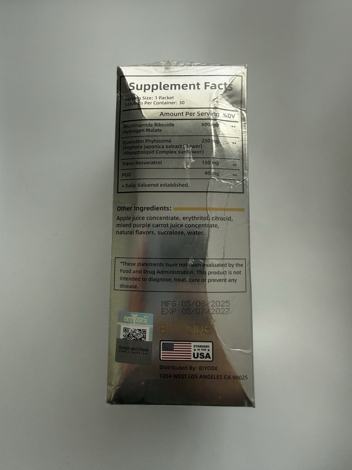 BIYODE NAD+ 1000mg Powder Nicotinamide Riboside Resveratrol PQQ 30 Packets