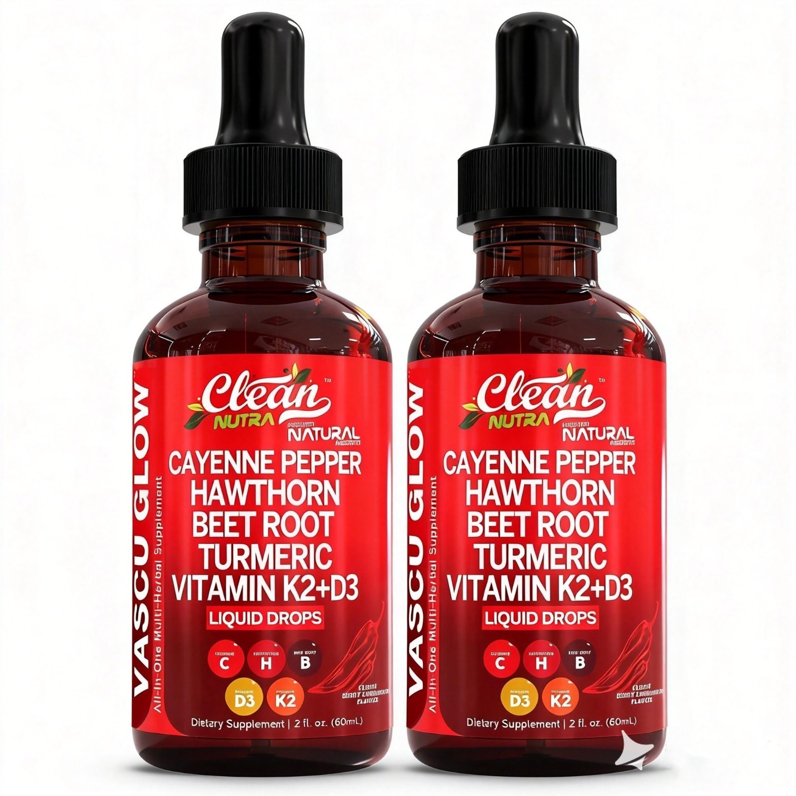 2 BOTTLES-NEW Clean Nutra Cayenne Pepper Supplement Liquid Drops +Hawthorn Berry