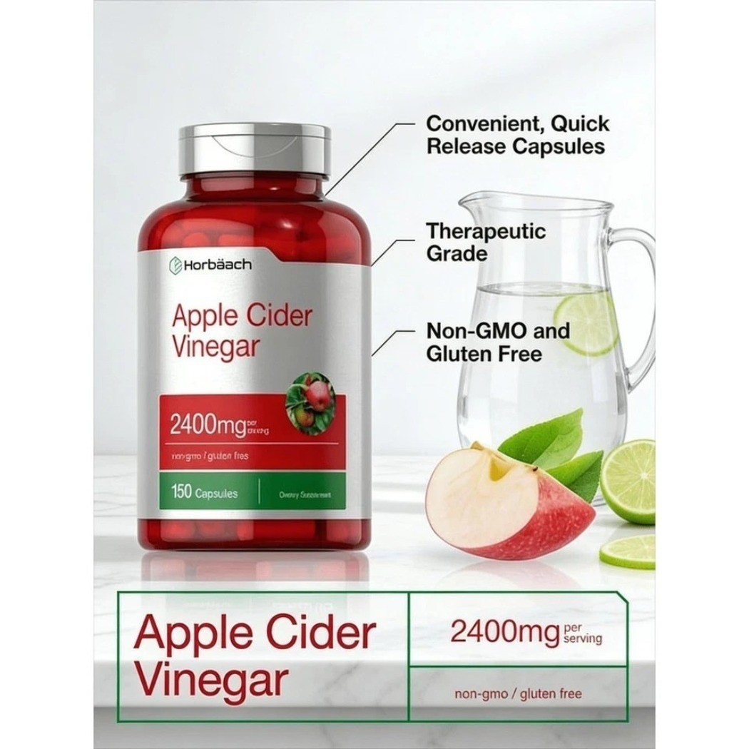 NEW Non-GMO Horbäach Apple Cider Vinegar 2400mg Supplement 150 Capsules Gluten