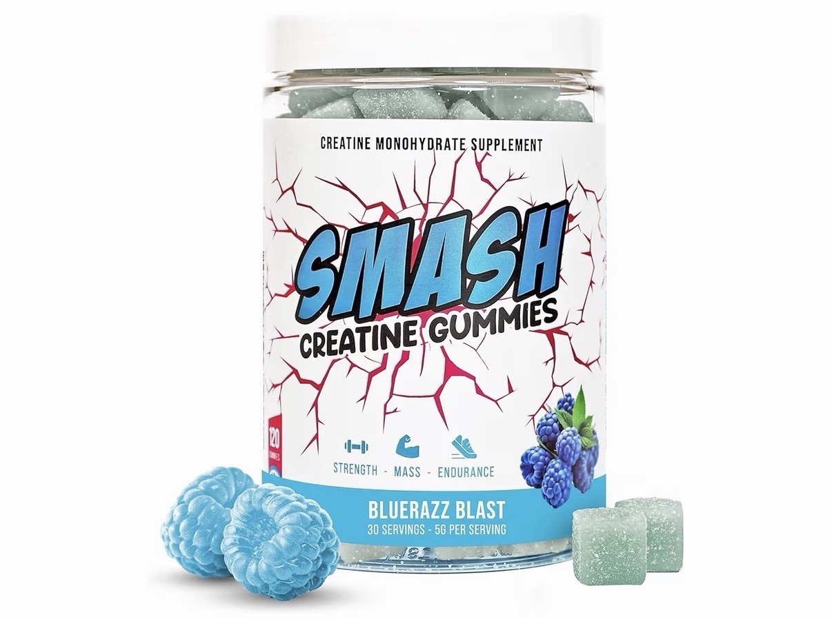 SMASH Creatine Gummies – 5 grams – Blue Raspberry Flavor – 120 gummies- USA Made