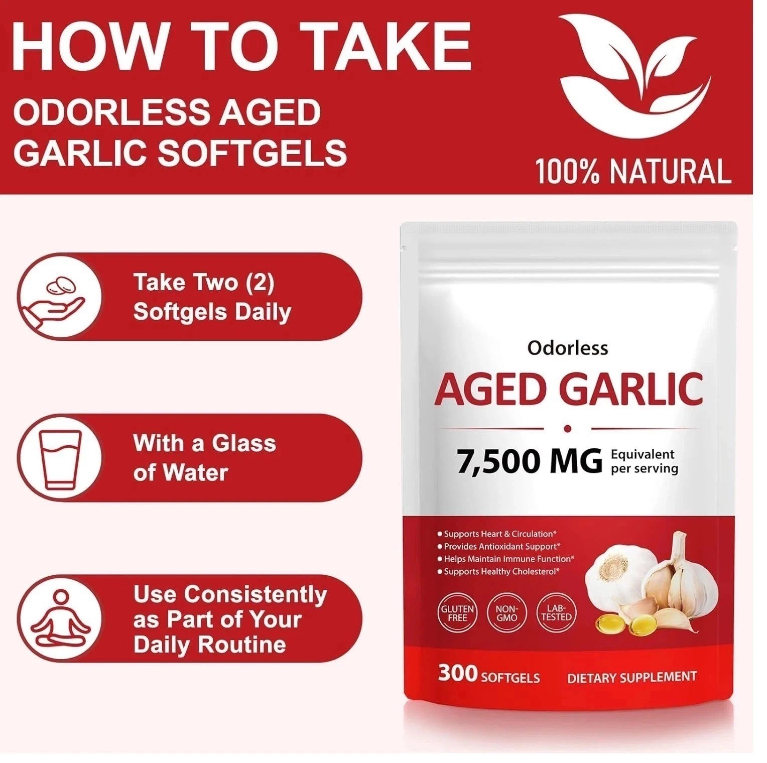 1 PACK Elare Aged Garlic Extract, 300 Softgels, 7500mg Odorless | Heart & Immune