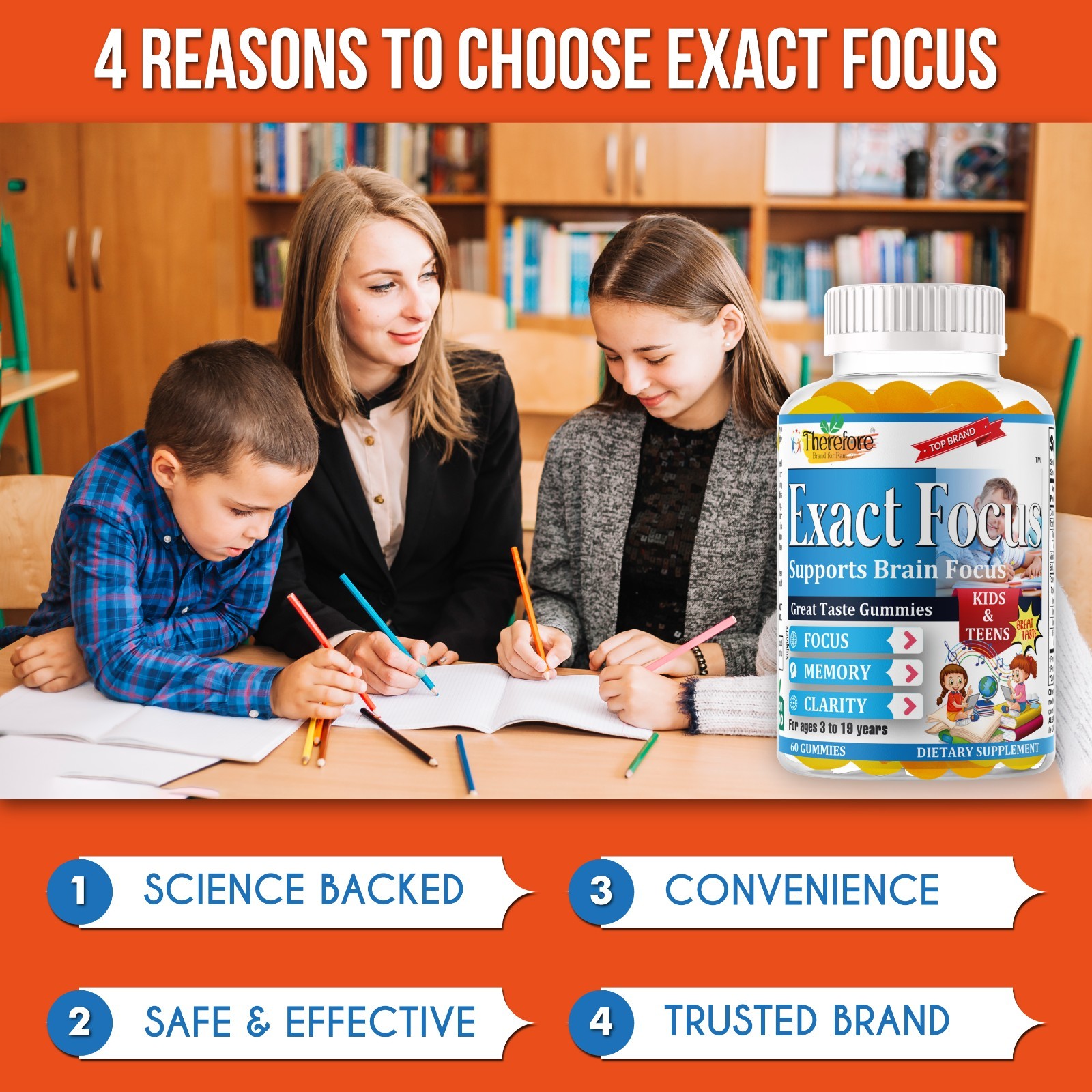 Exact Focus Brain Vitamins for Kids & Teens, Cognitive Clarity Supplement-60ct