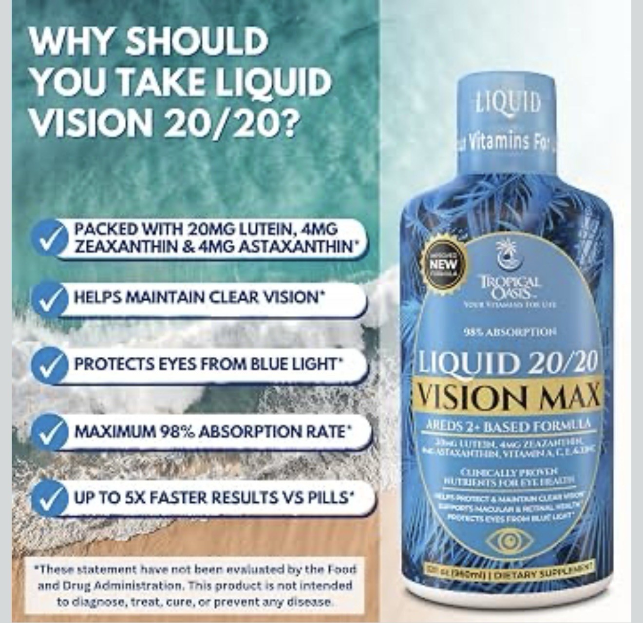 Liquid 20/20 Vision Eye Vitamin Formula w/20mg Lutein, 4mg Zeaxanthin, 4mg 👁️