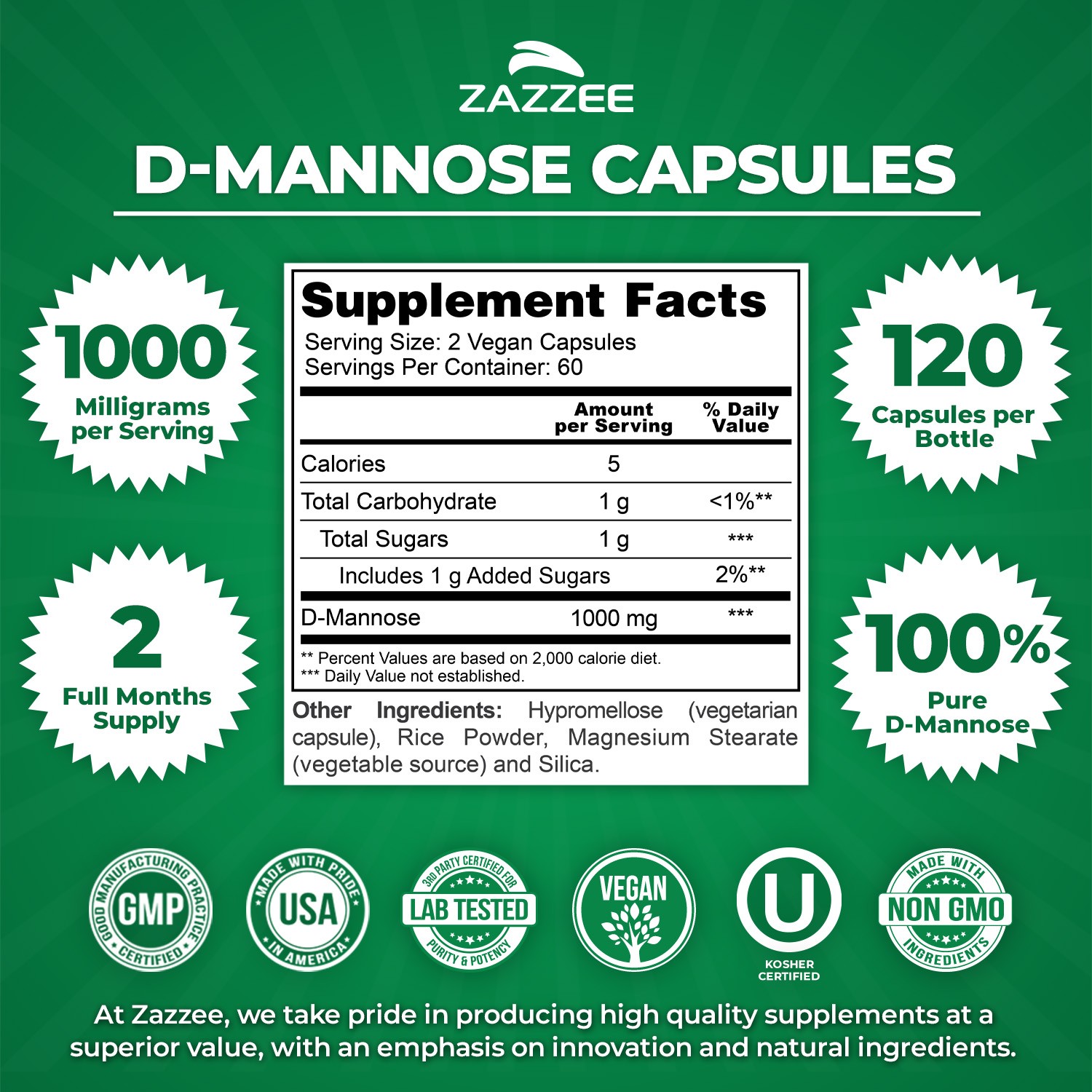D-Mannose, 1000 mg per Serving, 120 Vegan Capsules, Kosher, UTI Support