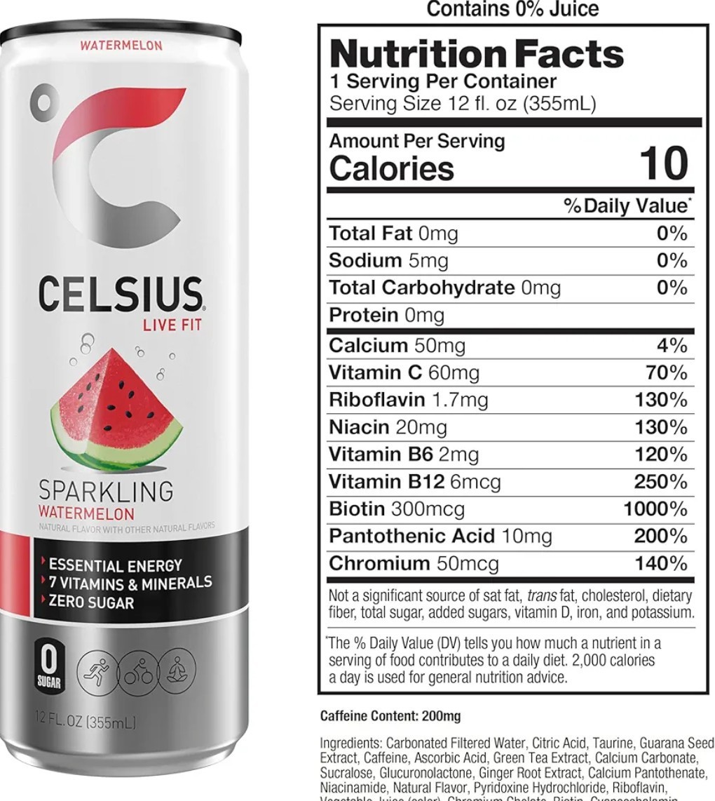 CELSIUS Sparkling Watermelon, Sugar Free Energy Drink, 12 Fl Oz (Pack of 12)
