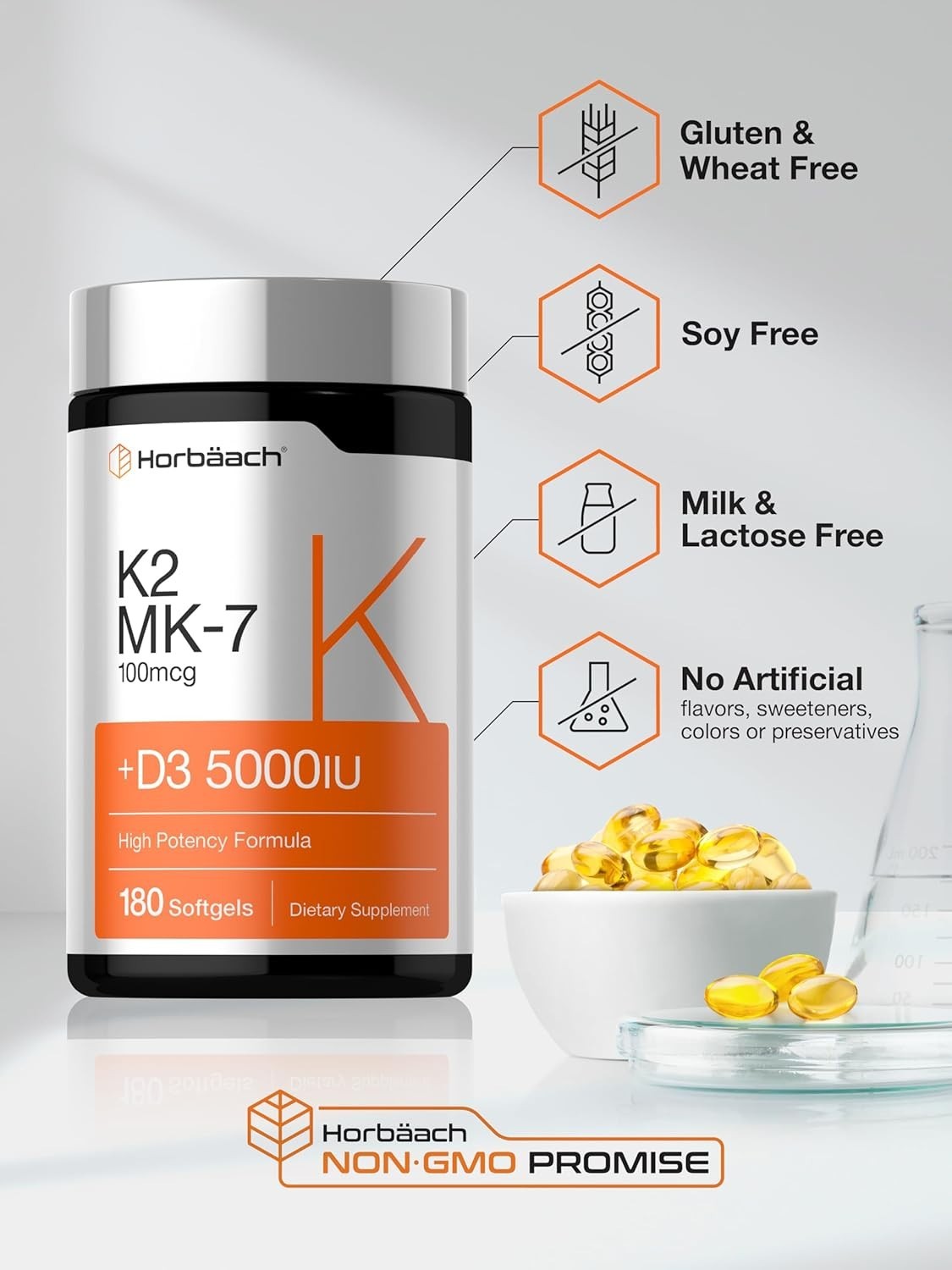Vitamin K2 MK7 with D3 Supplement | 180 Softgels | D3 5000 IU | by Horbaach