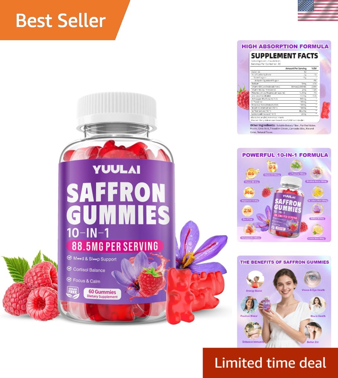 Sugar-Free 10-in-1 Saffron Gummies with Essential Vitamins for Family Wellness