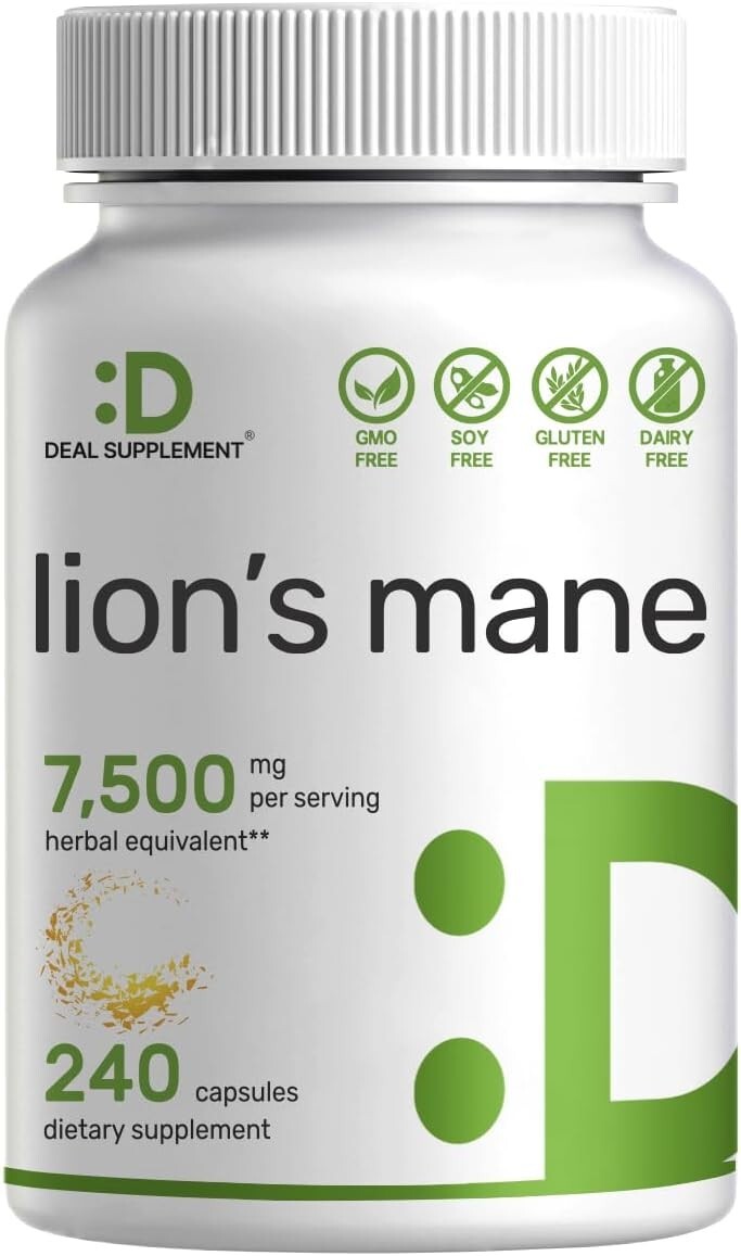 7500mg Organic Lion’s Mane Mushroom 240 Powder Capsules Lions Dietary Supplement