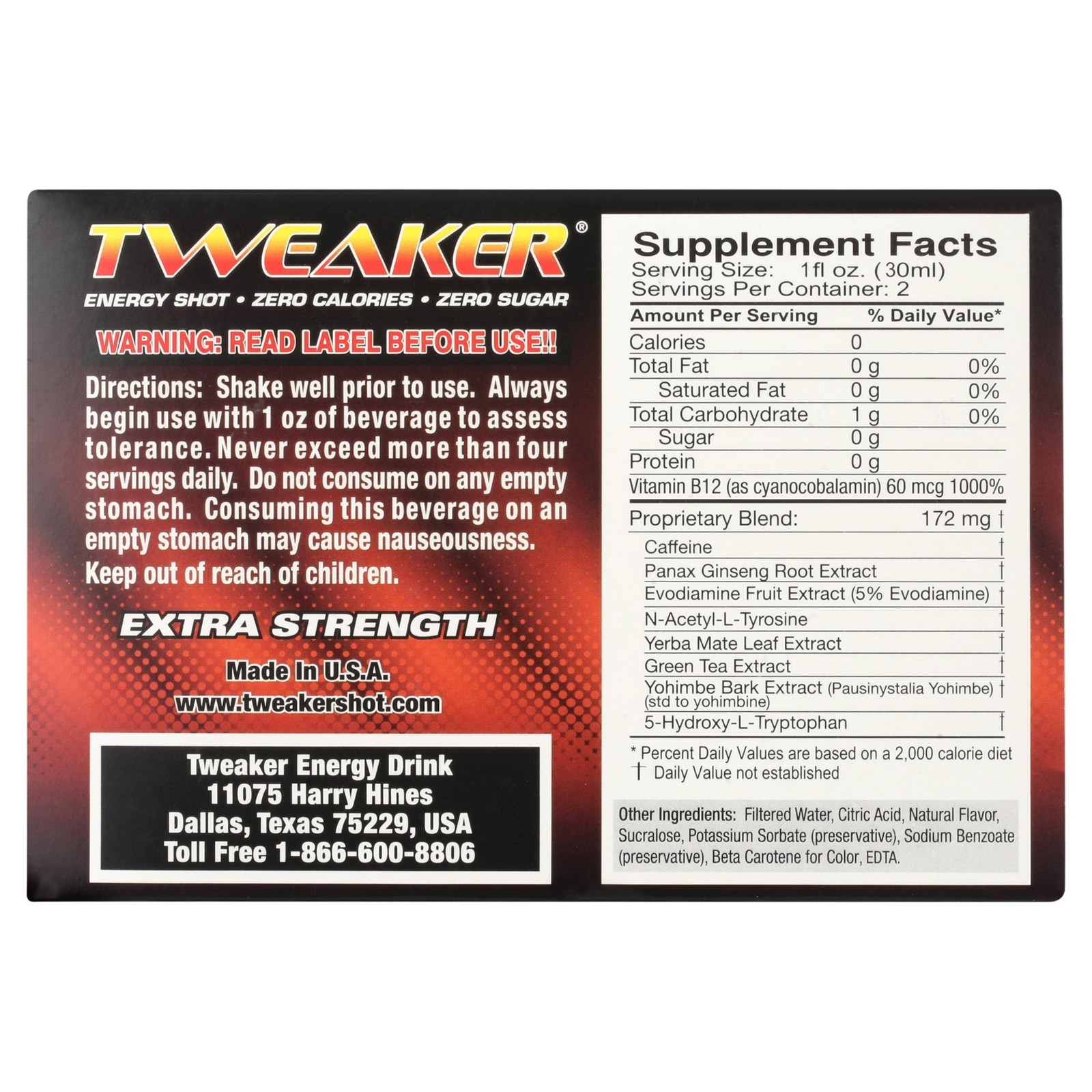 Tweaker Energy Shot, Mango Peach, Extra Strength, 2 fl oz, 12 Count.