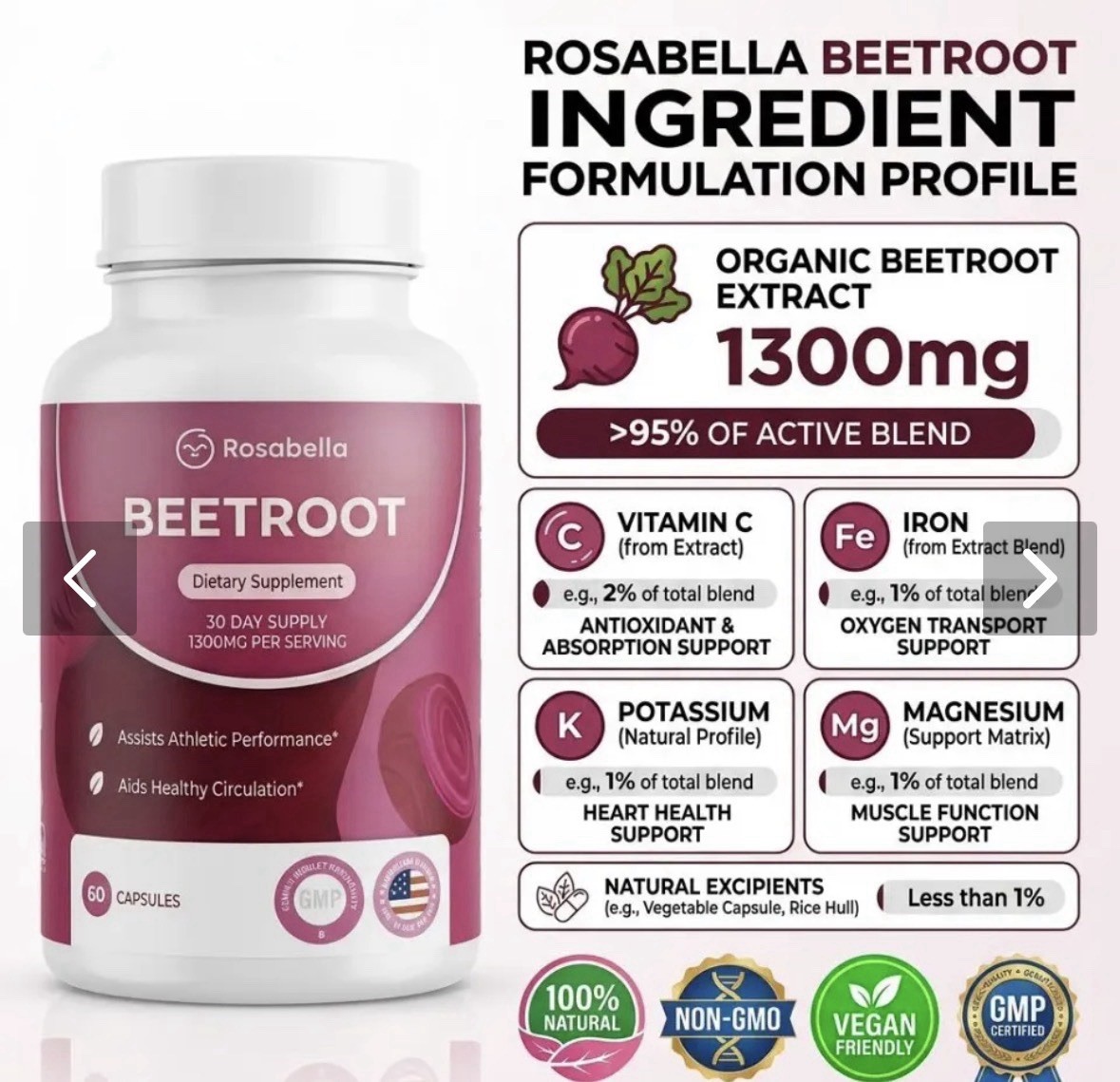 Rosabella Beetroot 1300 mg Dietary Supplement 30day Supply.