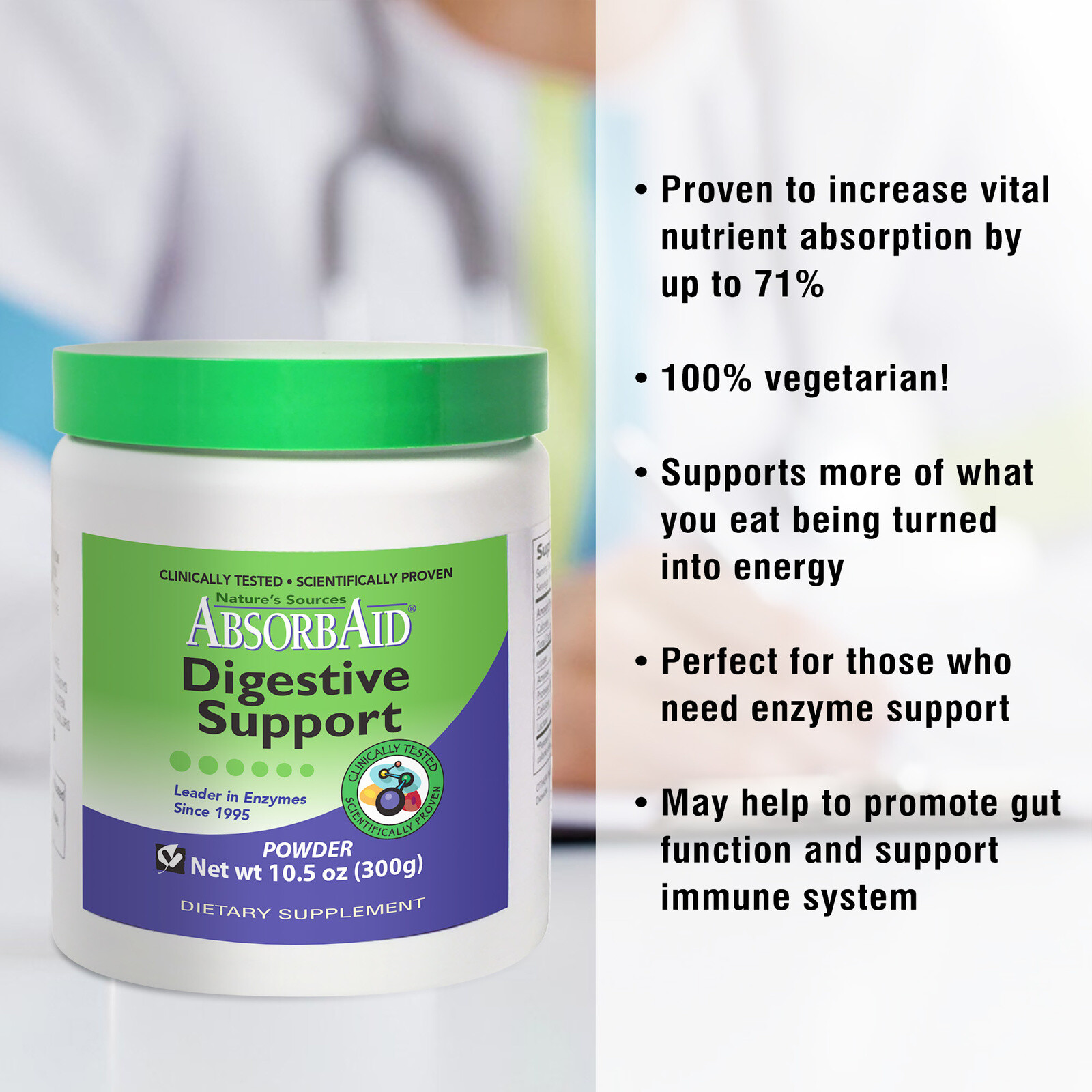 AbsorbAid 300g Powder -Natural Digestive Enzymes for gas, bloating & acid reflux