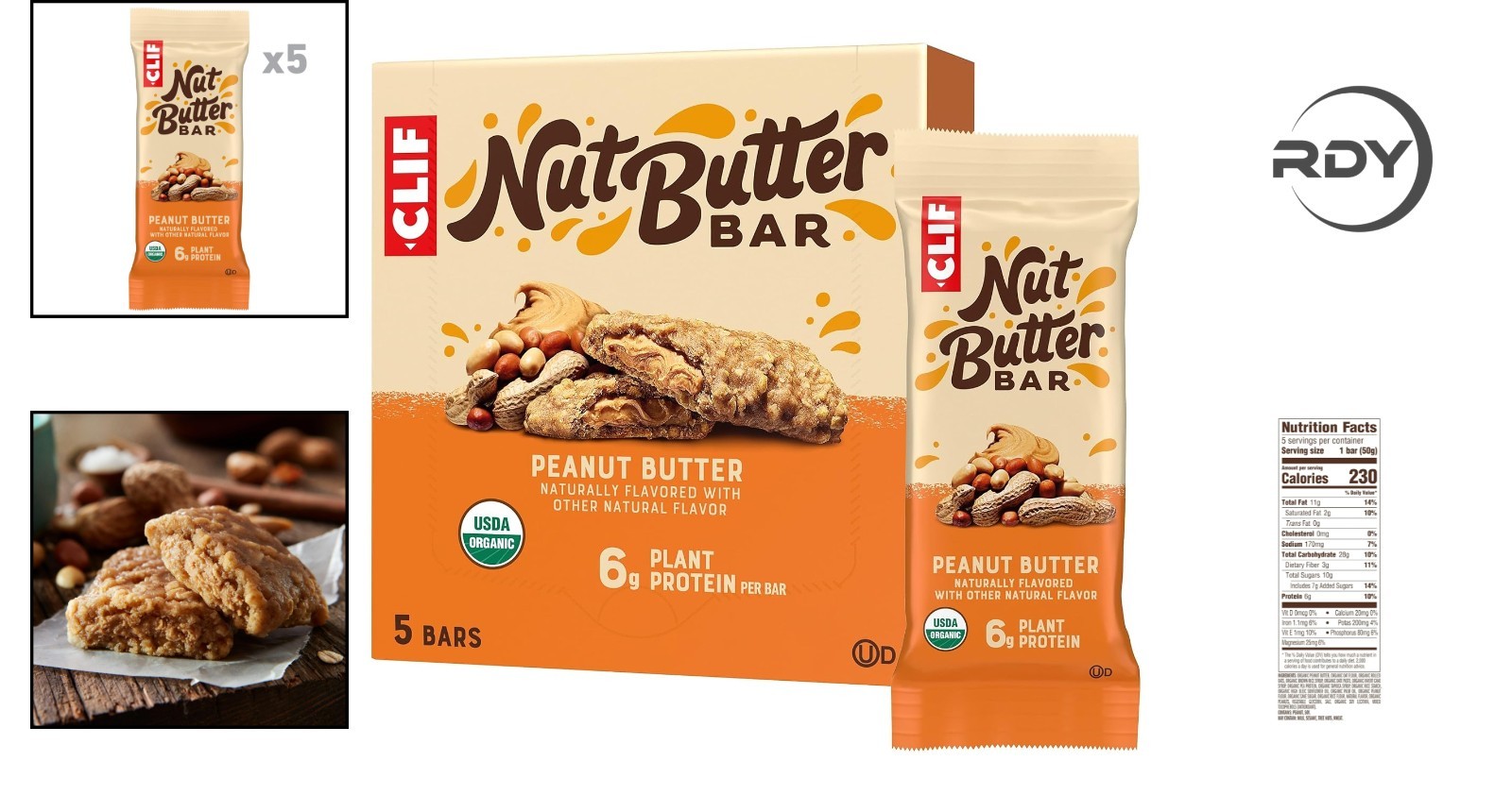 Portable Energy Packed Peanut Butter Bars – 5 Count Organic Snack, 6g Protein
