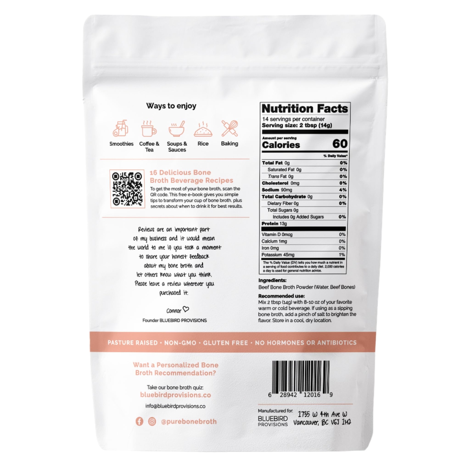 Bluebird Provisions Beef Bone Broth Protein Powder Collagen Rich Low Sodium