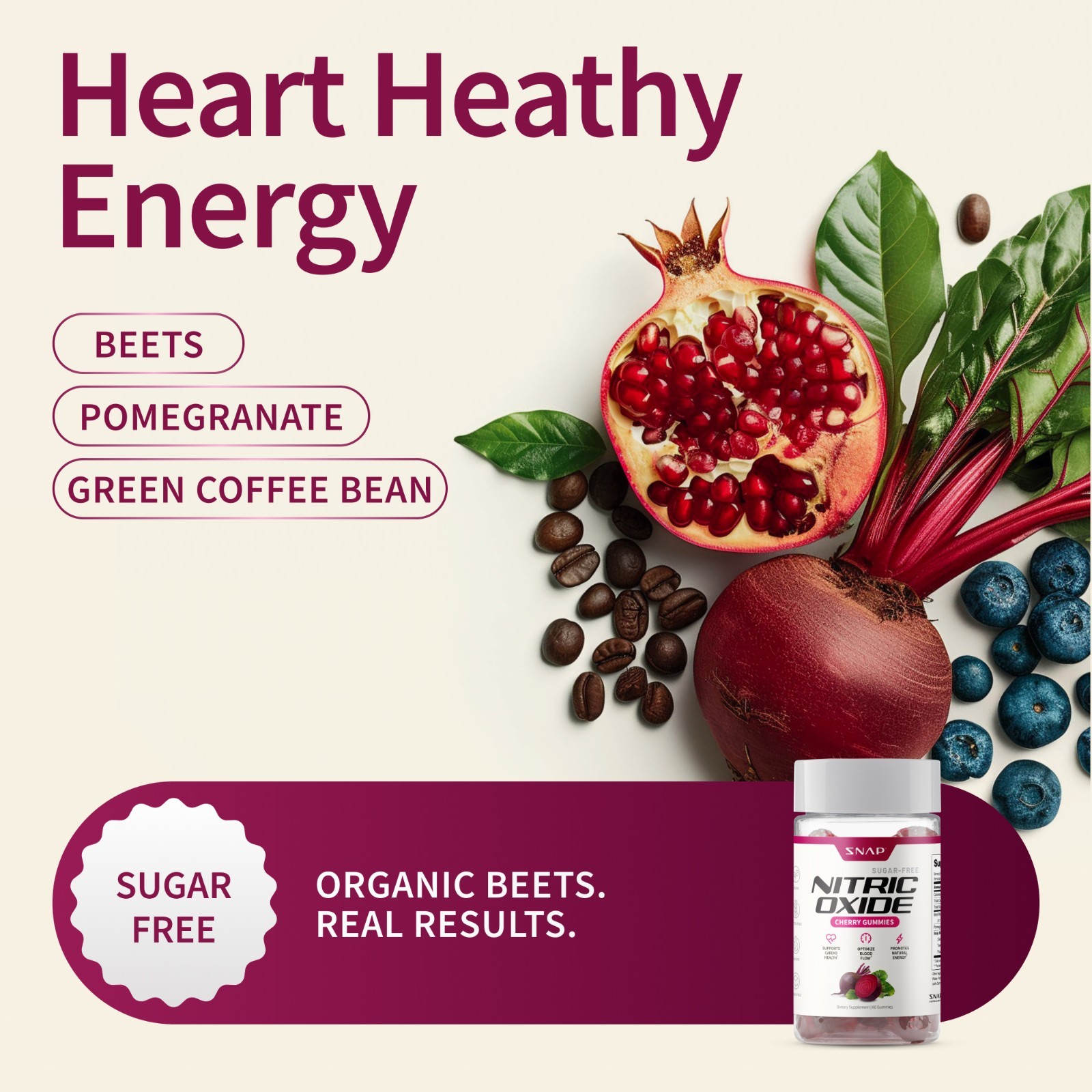 Snap Supplements Nitric Oxide Beet Root Gummies SF, Cherry & Peach, Heart Health