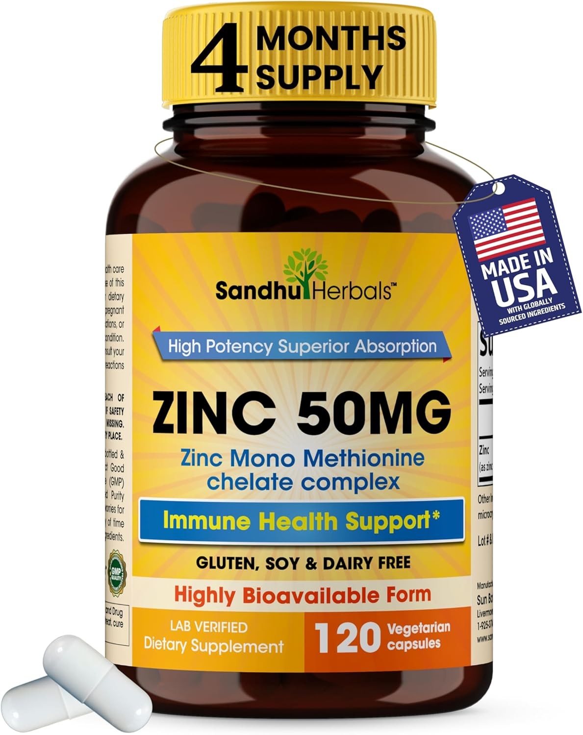 Zinc 50mg Capsules for Men and Women, 120 Count | Highly Absorbable Zinc Supplem