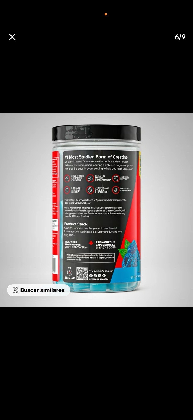 Six Star Creatine Monohydrate Gummies Blue Raspberry 60ct 5g Sugar-Free