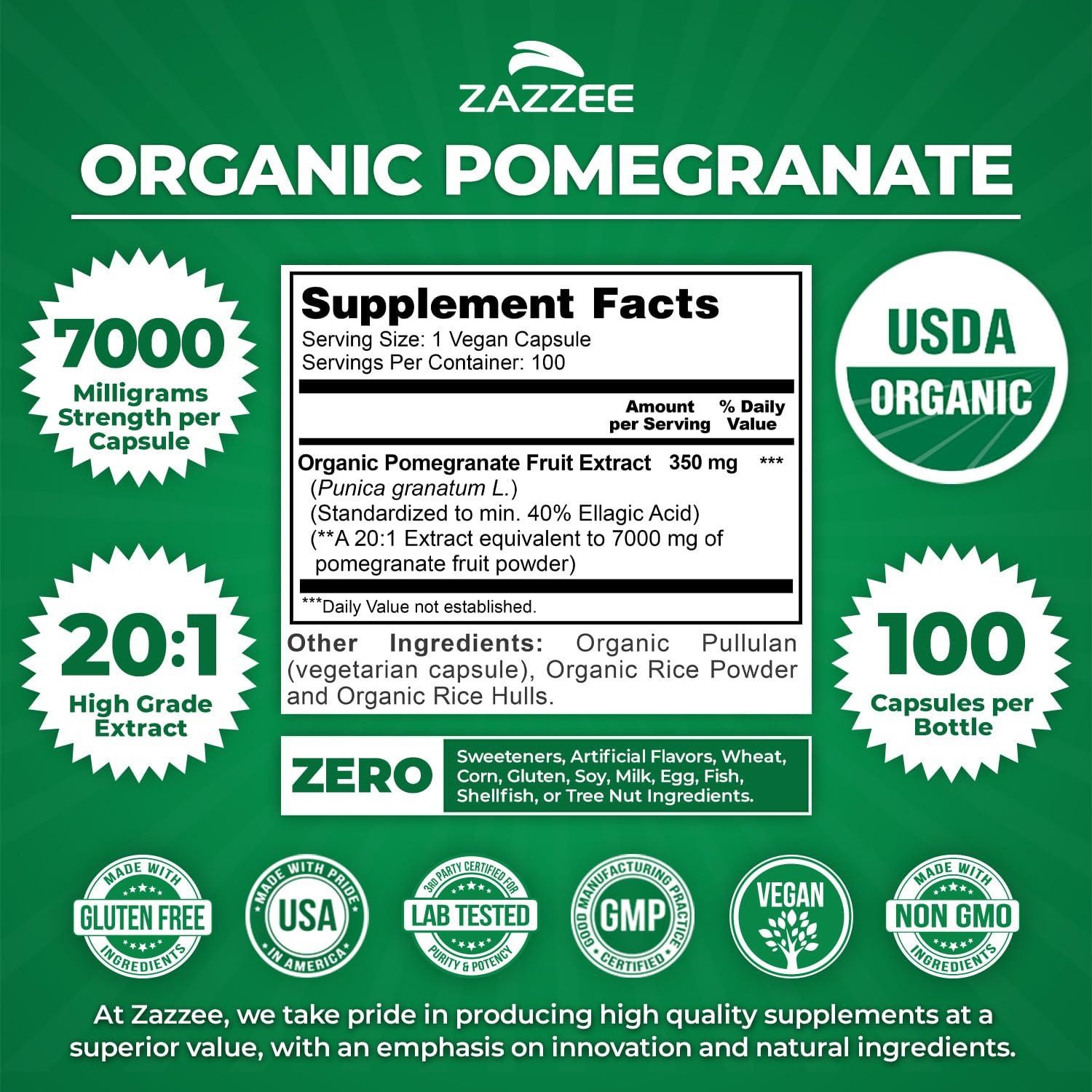 Zazzee USDA Organic Pomegranate 20:1 Extract, 7000 mg Strength, 40% Ellagic Acid