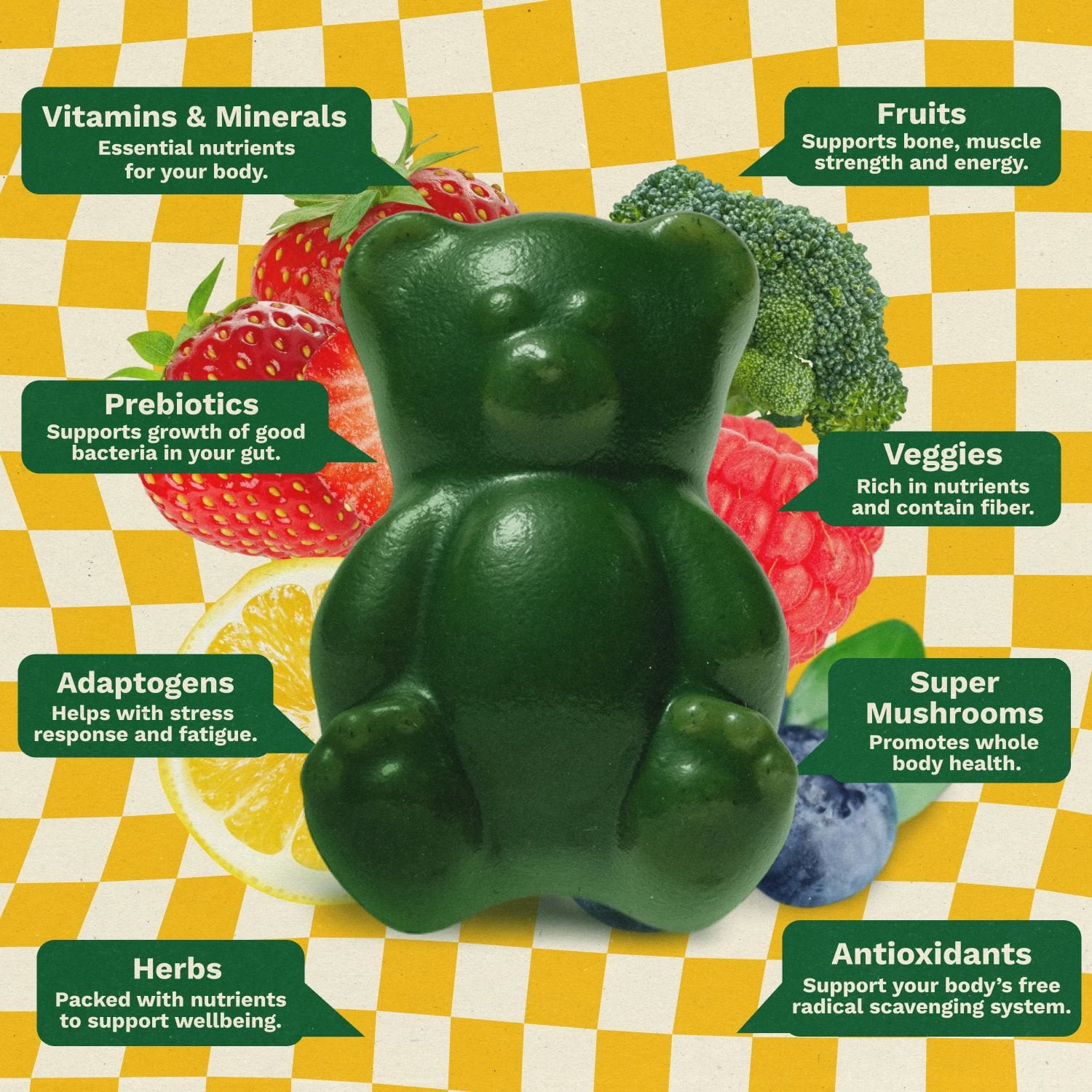 Gruns Adults Super Greens Gummies, Multivitamin Gummies, Low Sugar & Sugar Free.