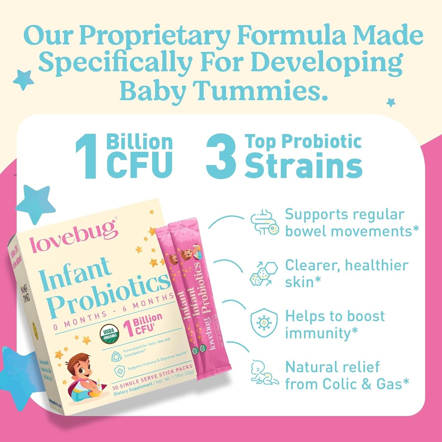 Digestive Health Probiotics for Babies – 60 Sugar-Free & Tasteless Stick Packs