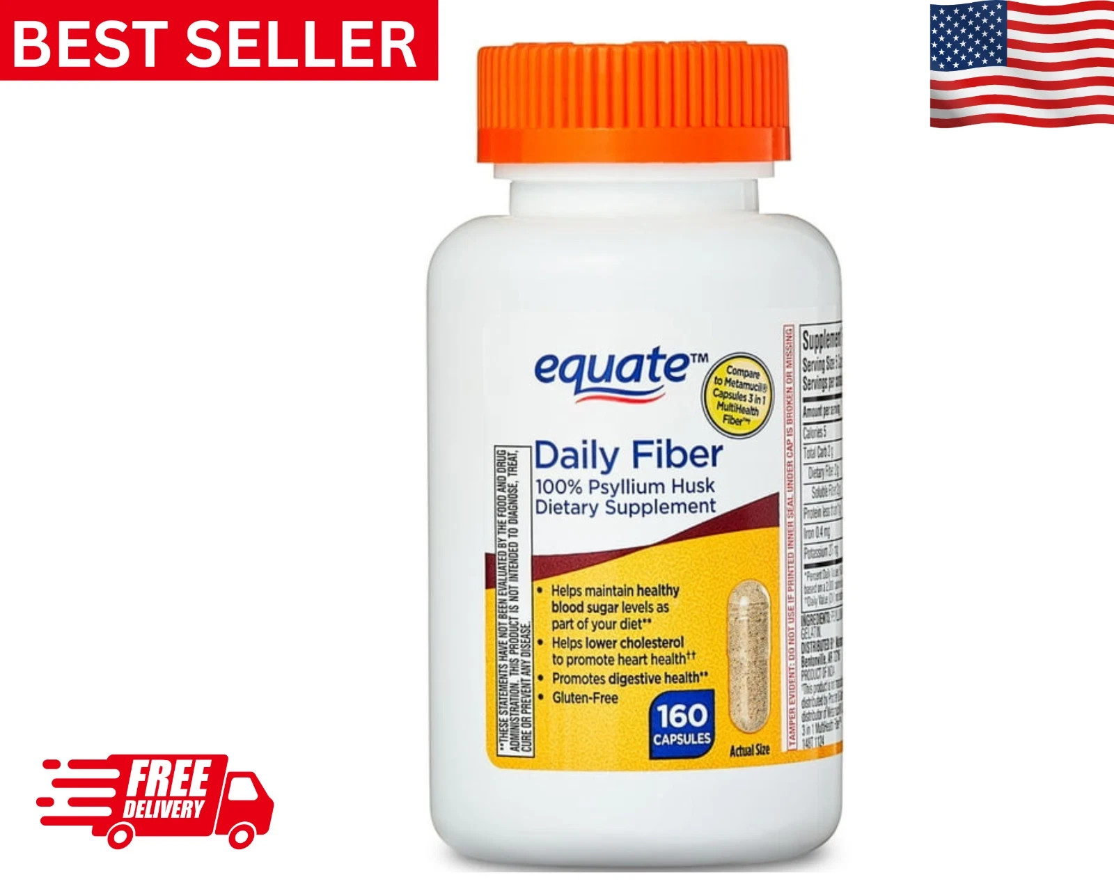 Equate 100% Psyllium Husk Daily Fiber Dietary Supplement Capsules, 160 Ct
